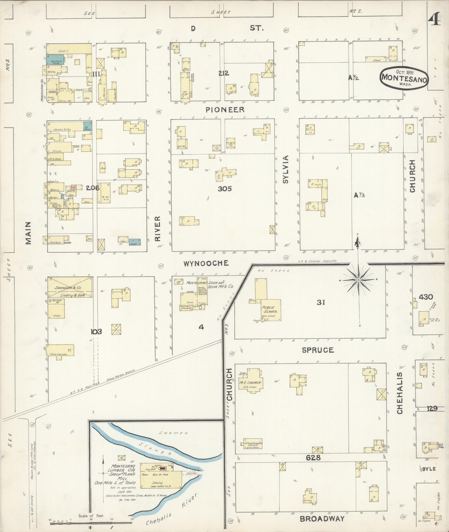 Sanborn Fire Insurance Map from Montesano, Grays Harbor County, Washington (1891), Sheet #0004 - Historic Sanborn Fire Insurance Map Print, vintage old map wall art, antique decor, genealogy gift, Washington Washington map