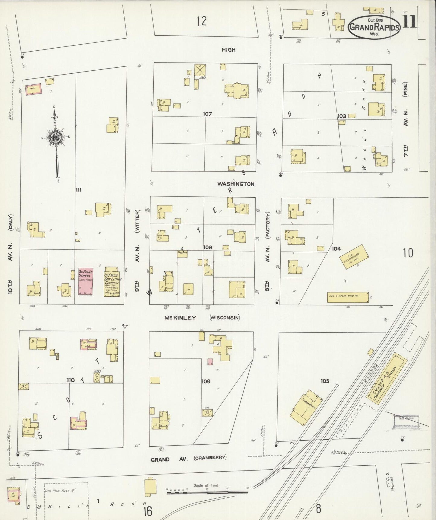 Sanborn Fire Insurance Map from Grand Rapids, Wood County, Wisconsin (1909), Sheet #0011 - Historic Sanborn Fire Insurance Map Print, vintage old map wall art, antique decor, genealogy gift, Wisconsin Wisconsin map