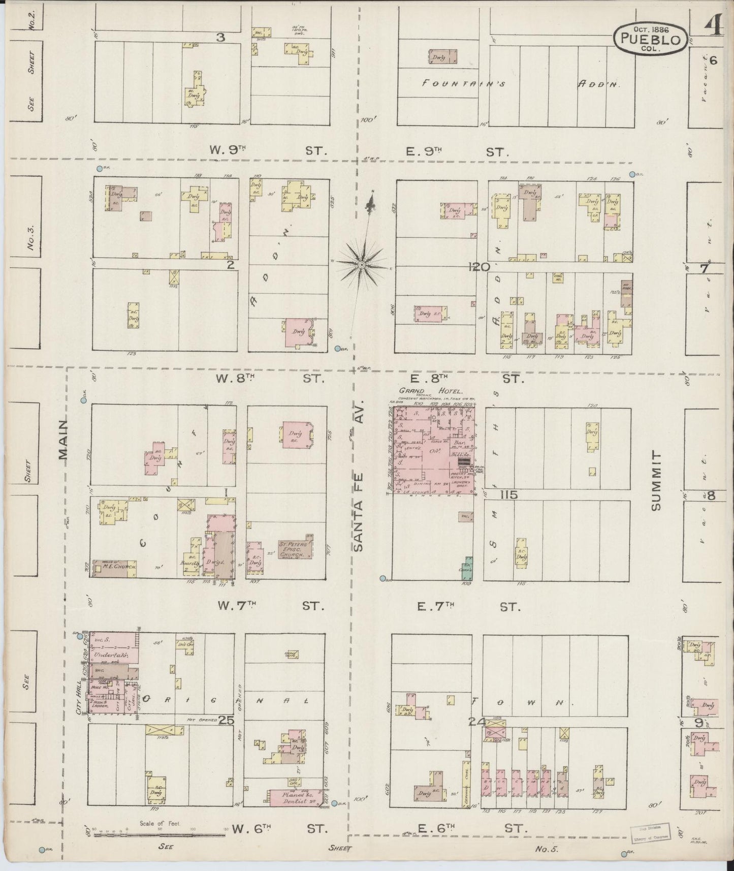 Sanborn Fire Insurance Map from Pueblo, Pueblo County, Colorado (1886), Sheet #0004 - Historic Sanborn Fire Insurance Map Print, vintage old map wall art, antique decor, genealogy gift, Colorado Colorado map
