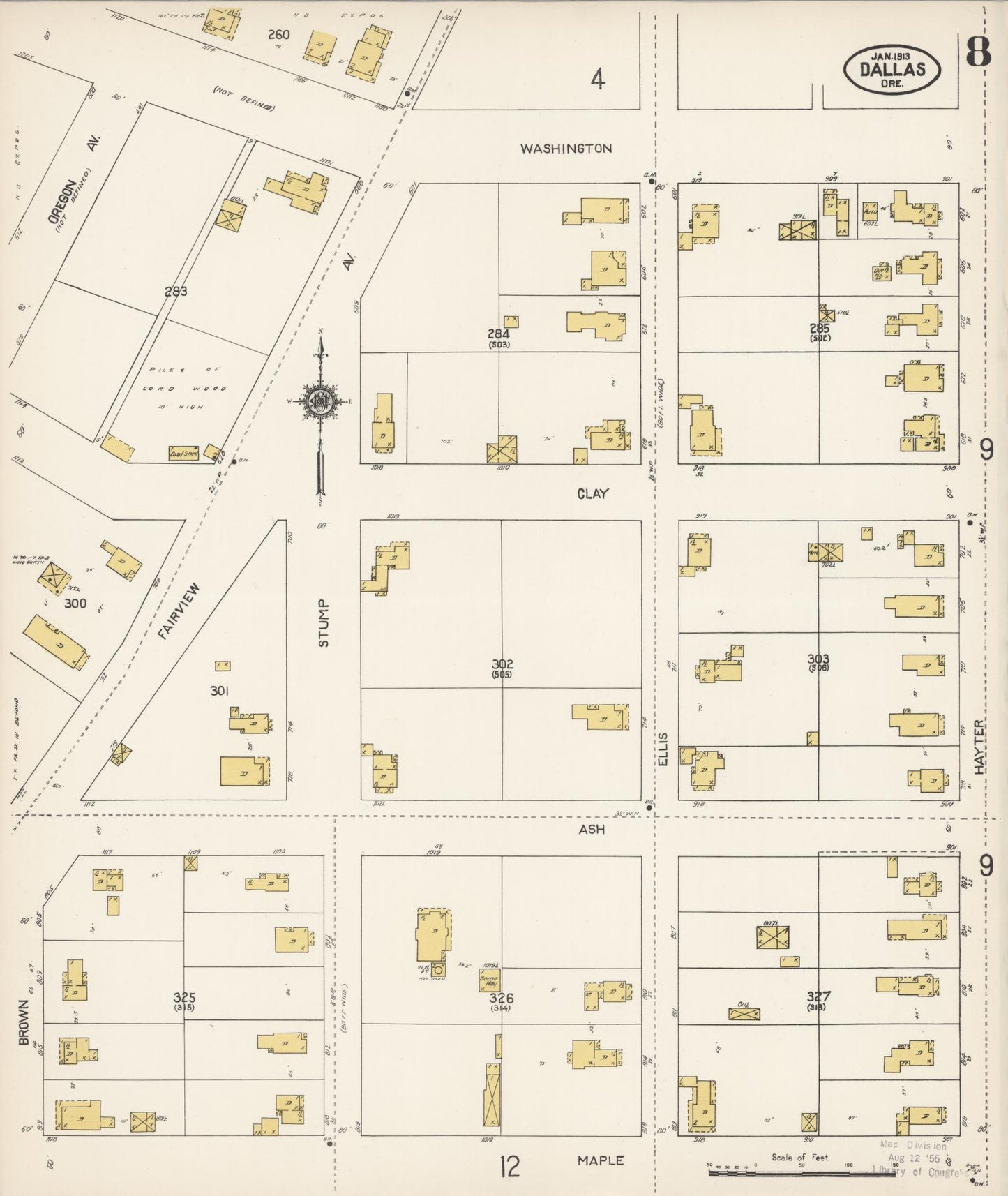 Sanborn Fire Insurance Map from Dallas, Polk County, Oregon (1913), Sheet #0008 - Historic Sanborn Fire Insurance Map Print, vintage old map wall art, antique decor, genealogy gift, Oregon Oregon map