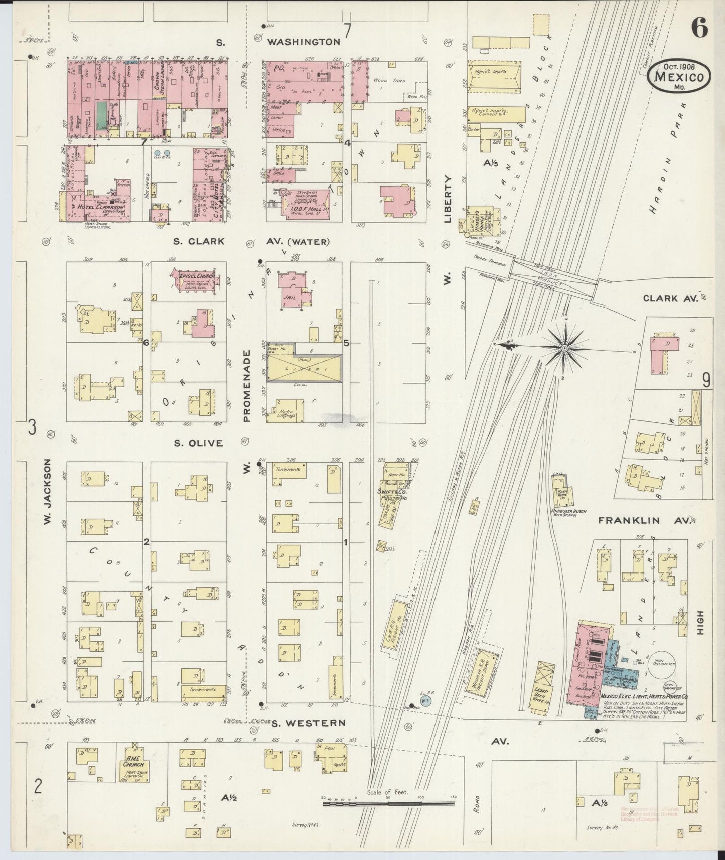 Sanborn Fire Insurance Map from Mexico, Audrain County, Missouri (1908), Sheet #0006 - Historic Sanborn Fire Insurance Map Print, vintage old map wall art, antique decor, genealogy gift, Missouri Missouri map