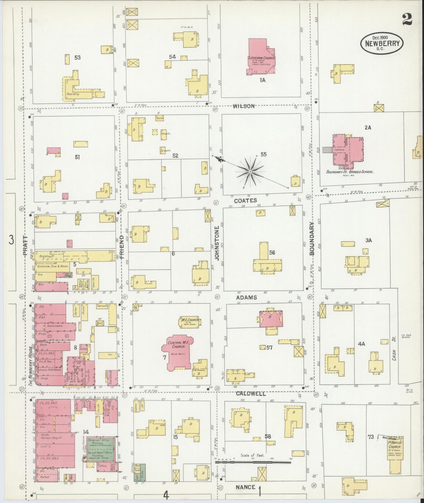Sanborn Fire Insurance Map from Newberry, Newberry County, South Carolina (1900), Sheet #0002 - Historic Sanborn Fire Insurance Map Print, vintage old map wall art, antique decor, genealogy gift, South Carolina South Carolina map