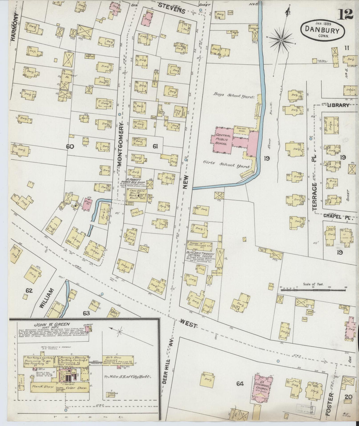 Sanborn Fire Insurance Map from Danbury, Fairfield County, Connecticut (1889), Sheet #0012 - Historic Sanborn Fire Insurance Map Print, vintage old map wall art, antique decor, genealogy gift, Connecticut Connecticut map