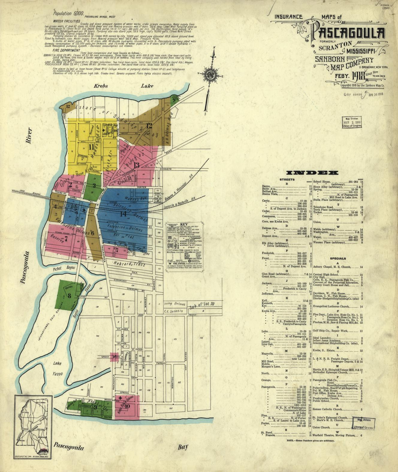 Sanborn Fire Insurance Map from Pascagoula, Jackson County, Mississippi (1918), Sheet #0001 - Historic Sanborn Fire Insurance Map Print, vintage old map wall art, antique decor, genealogy gift, Mississippi Mississippi map