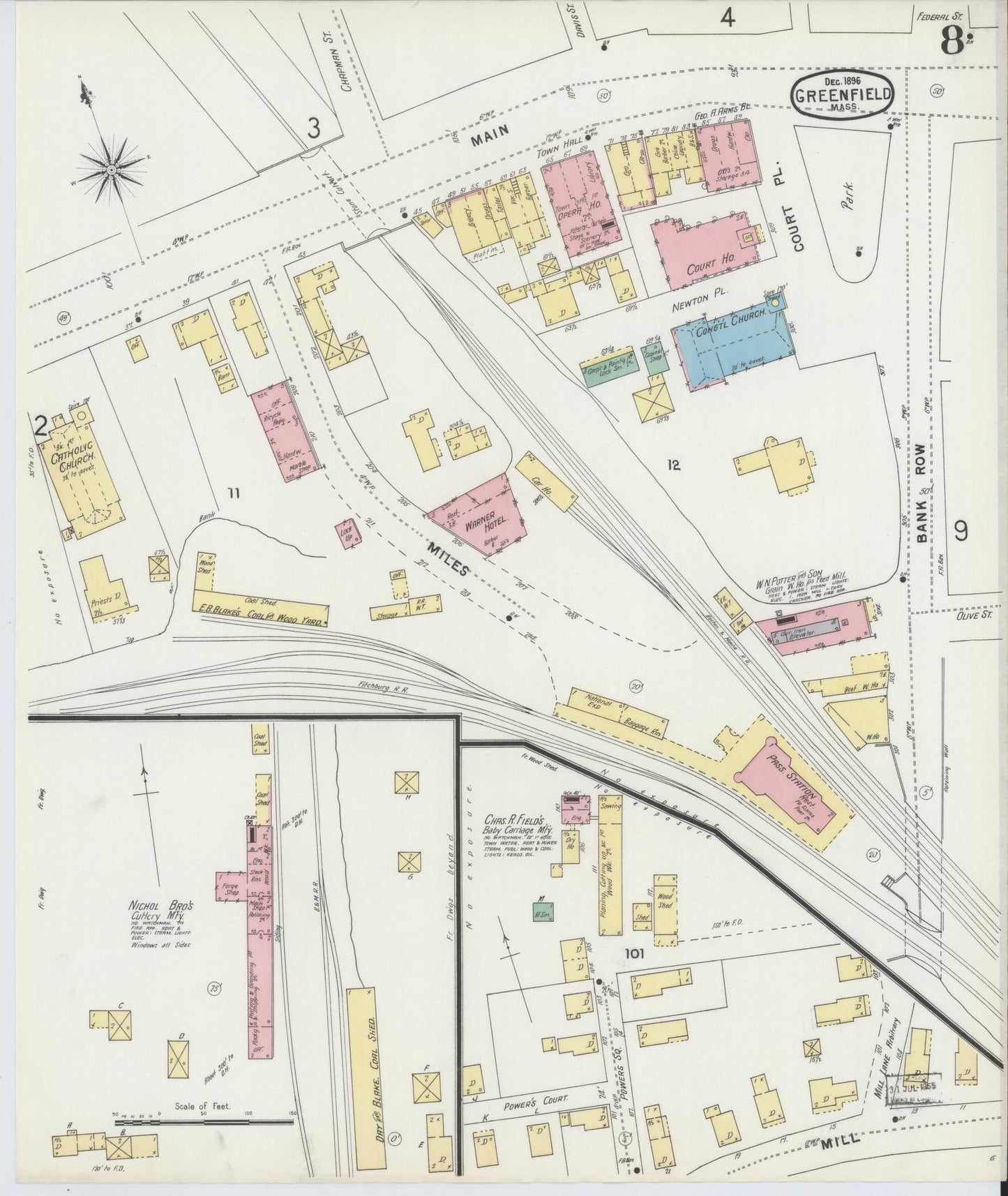 Sanborn Fire Insurance Map from Greenfield, Franklin County, Massachusetts (1896), Sheet #0008 - Historic Sanborn Fire Insurance Map Print, vintage old map wall art, antique decor, genealogy gift, Massachusetts Massachusetts map