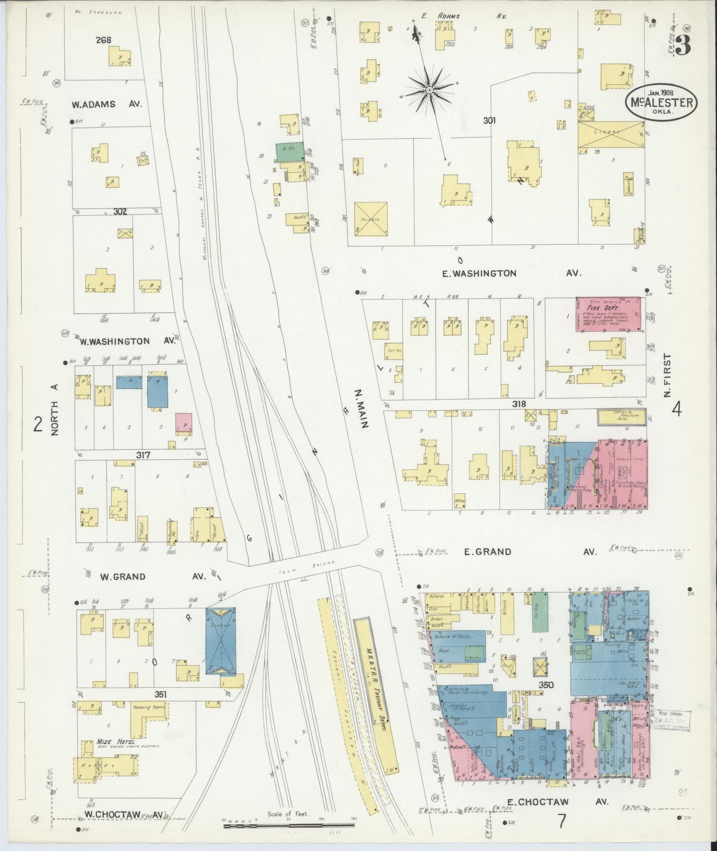 Sanborn Fire Insurance Map from McAlester, Pittsburg County, Oklahoma (1908), Sheet #0003 - Historic Sanborn Fire Insurance Map Print, vintage old map wall art, antique decor, genealogy gift, Oklahoma Oklahoma map
