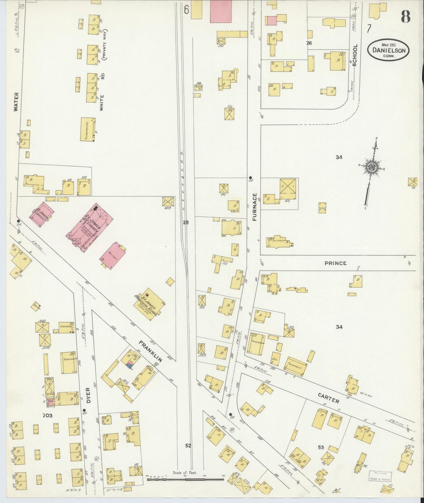 Sanborn Fire Insurance Map from Danielson, Windham County, Connecticut (1911), Sheet #0008 - Historic Sanborn Fire Insurance Map Print, vintage old map wall art, antique decor, genealogy gift, Connecticut Connecticut map