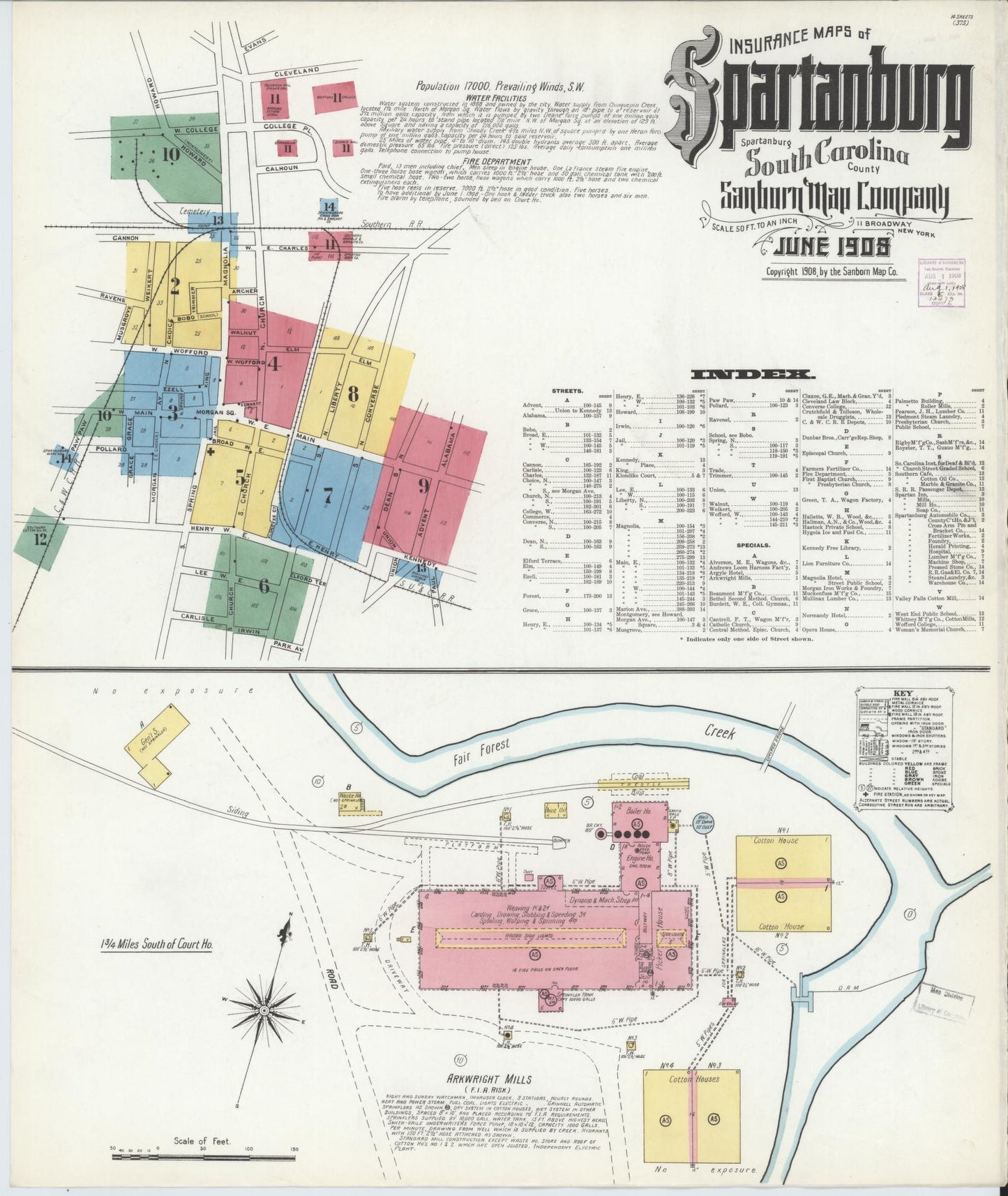 Sanborn Fire Insurance Map from Spartanburg, Spartanburg County, South Carolina (1908), Sheet #0001 - Historic Sanborn Fire Insurance Map Print, vintage old map wall art, antique decor, genealogy gift, South Carolina South Carolina map