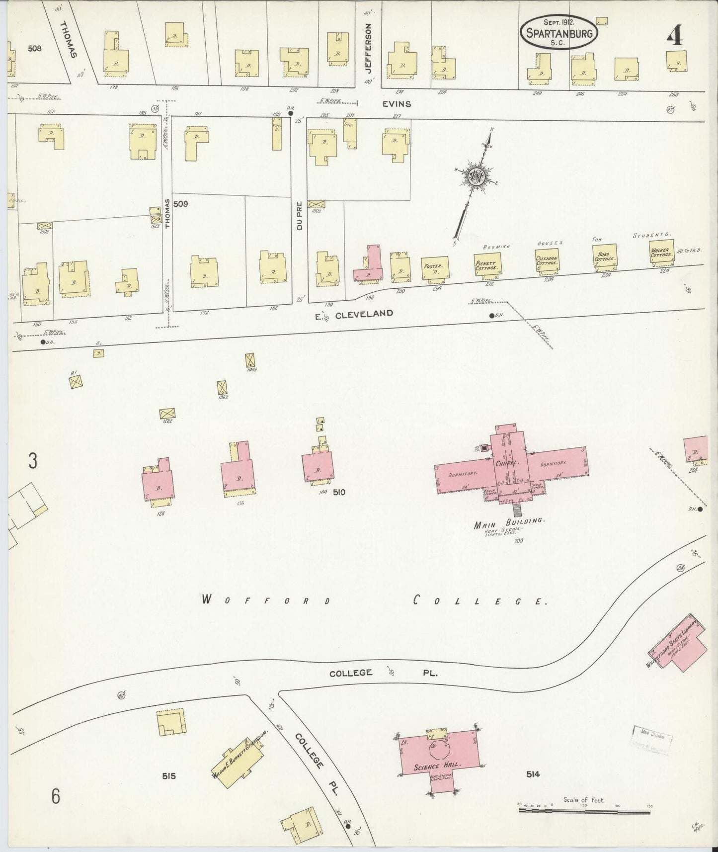 Sanborn Fire Insurance Map from Spartanburg, Spartanburg County, South Carolina (1912), Sheet #0004 - Historic Sanborn Fire Insurance Map Print, vintage old map wall art, antique decor, genealogy gift, South Carolina South Carolina map