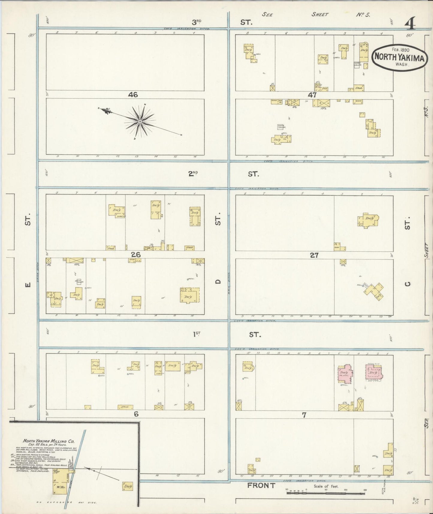 Sanborn Fire Insurance Map from North Yakima, Yakima County, Washington (1890), Sheet #0004 - Historic Sanborn Fire Insurance Map Print, vintage old map wall art, antique decor, genealogy gift, Washington Washington map