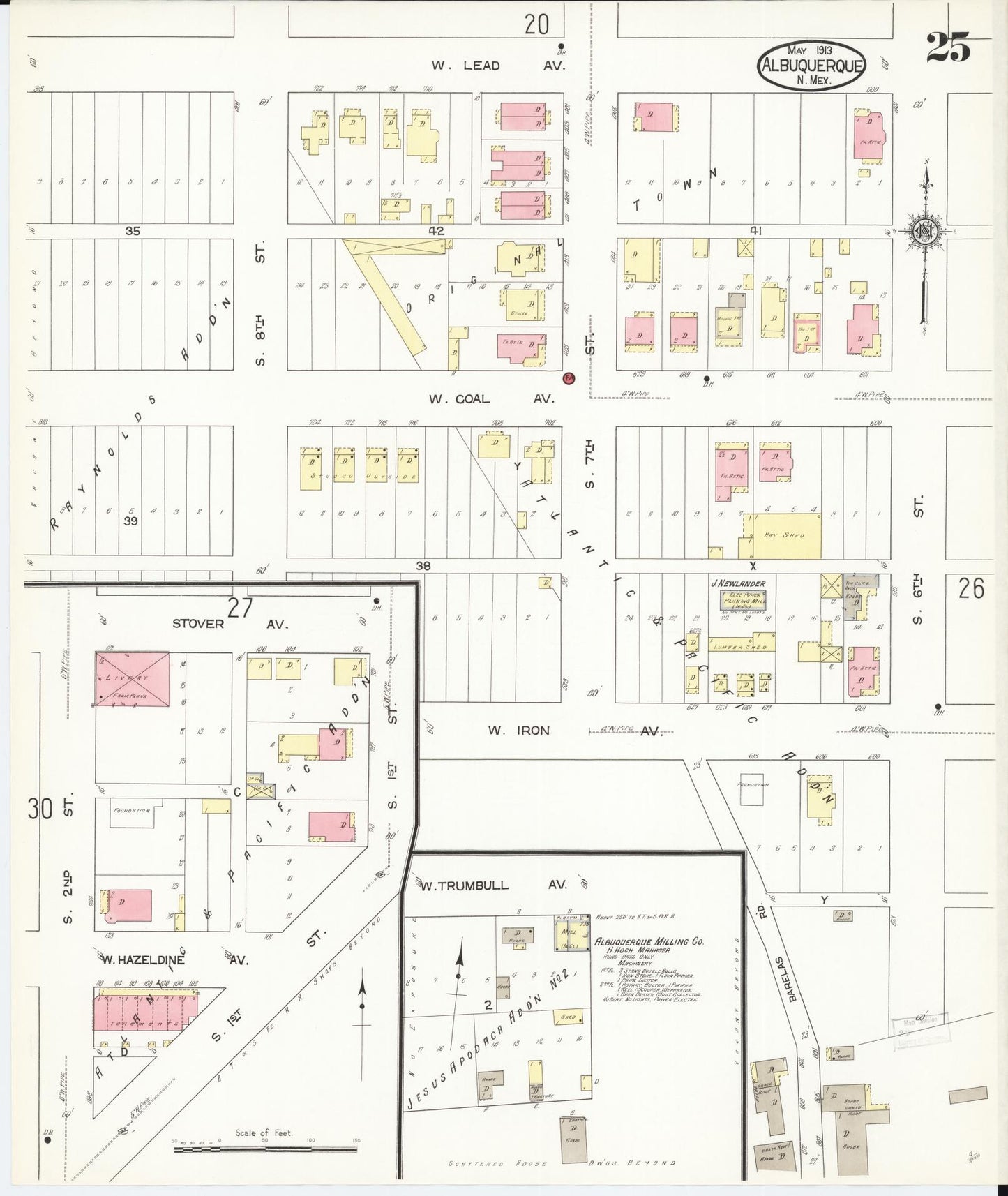 Sanborn Fire Insurance Map from Albuquerque, Bernalillo County, New Mexico (1913), Sheet #0025 - Historic Sanborn Fire Insurance Map Print, vintage old map wall art, antique decor, genealogy gift, New Mexico New Mexico map
