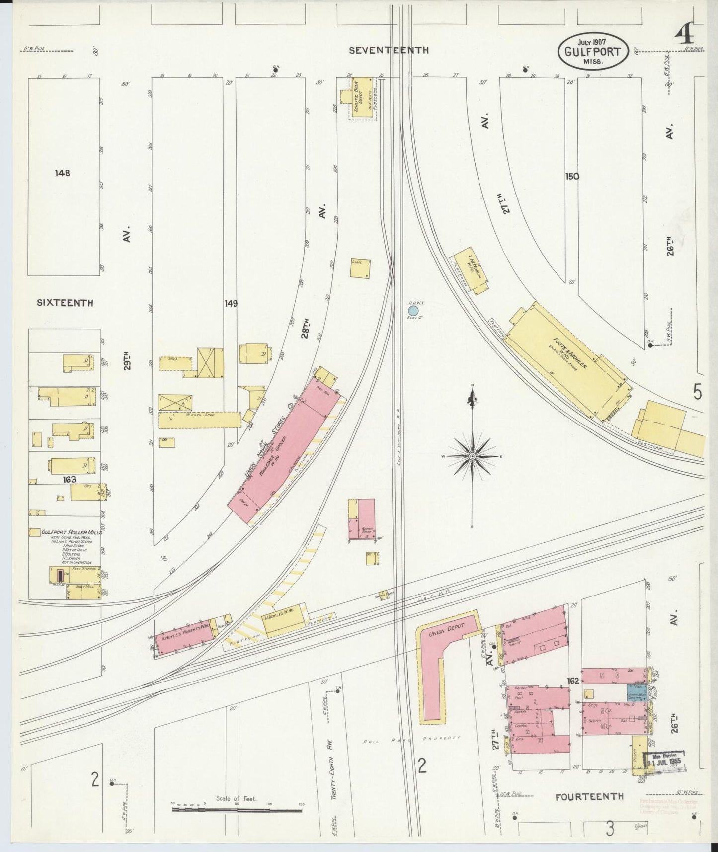 Sanborn Fire Insurance Map from Gulfport, Harrison County, Mississippi (1907), Sheet #0004 - Historic Sanborn Fire Insurance Map Print, vintage old map wall art, antique decor, genealogy gift, Mississippi Mississippi map
