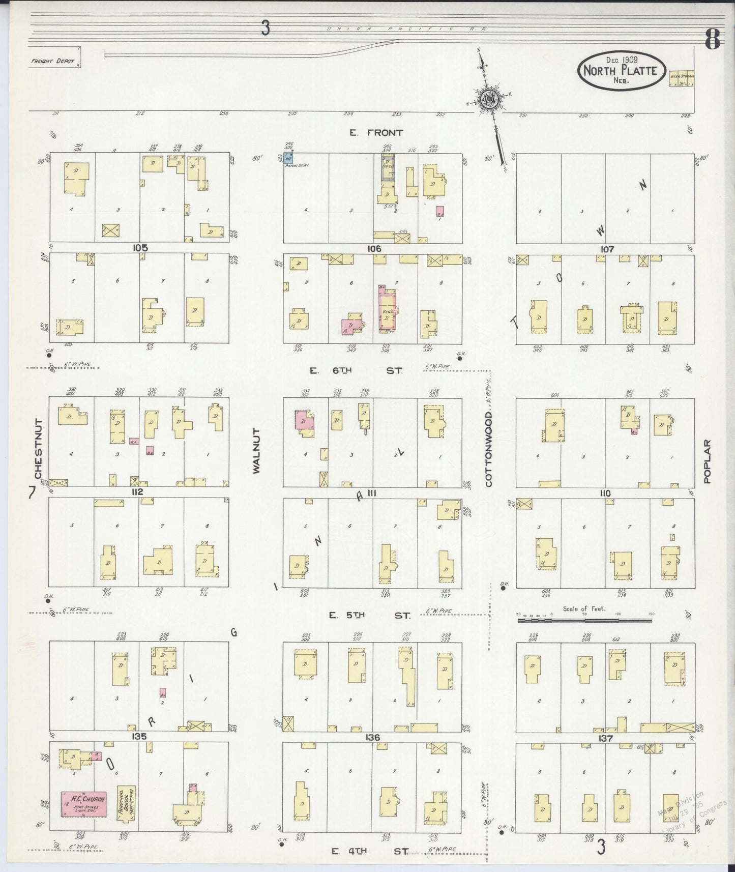 Sanborn Fire Insurance Map from North Platte, Lincoln County, Nebraska (1909), Sheet #0008 - Historic Sanborn Fire Insurance Map Print, vintage old map wall art, antique decor, genealogy gift, Nebraska Nebraska map