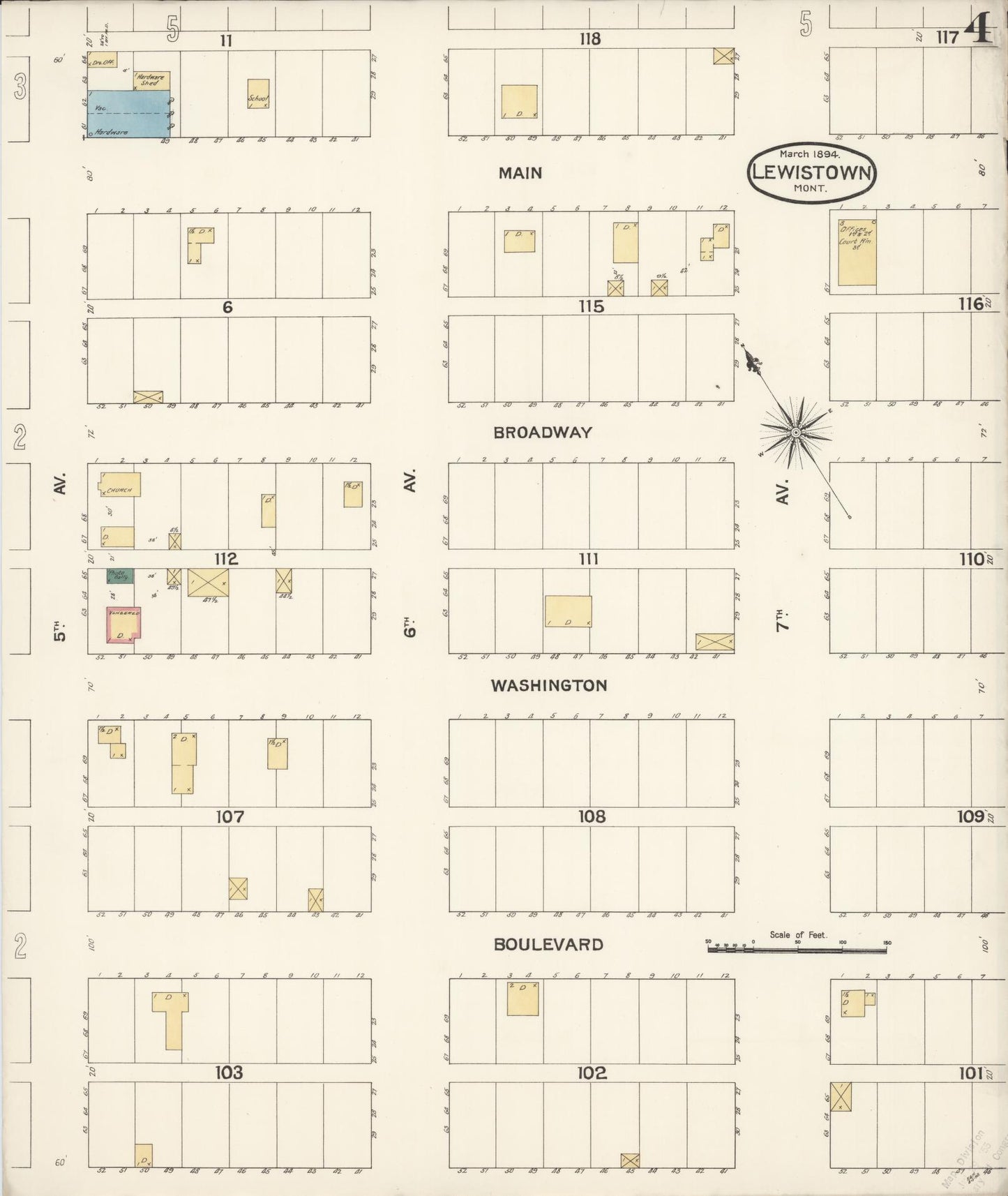 Sanborn Fire Insurance Map from Lewistown, Fergus County, Montana (1894), Sheet #0004 - Historic Sanborn Fire Insurance Map Print, vintage old map wall art, antique decor, genealogy gift, Montana Montana map
