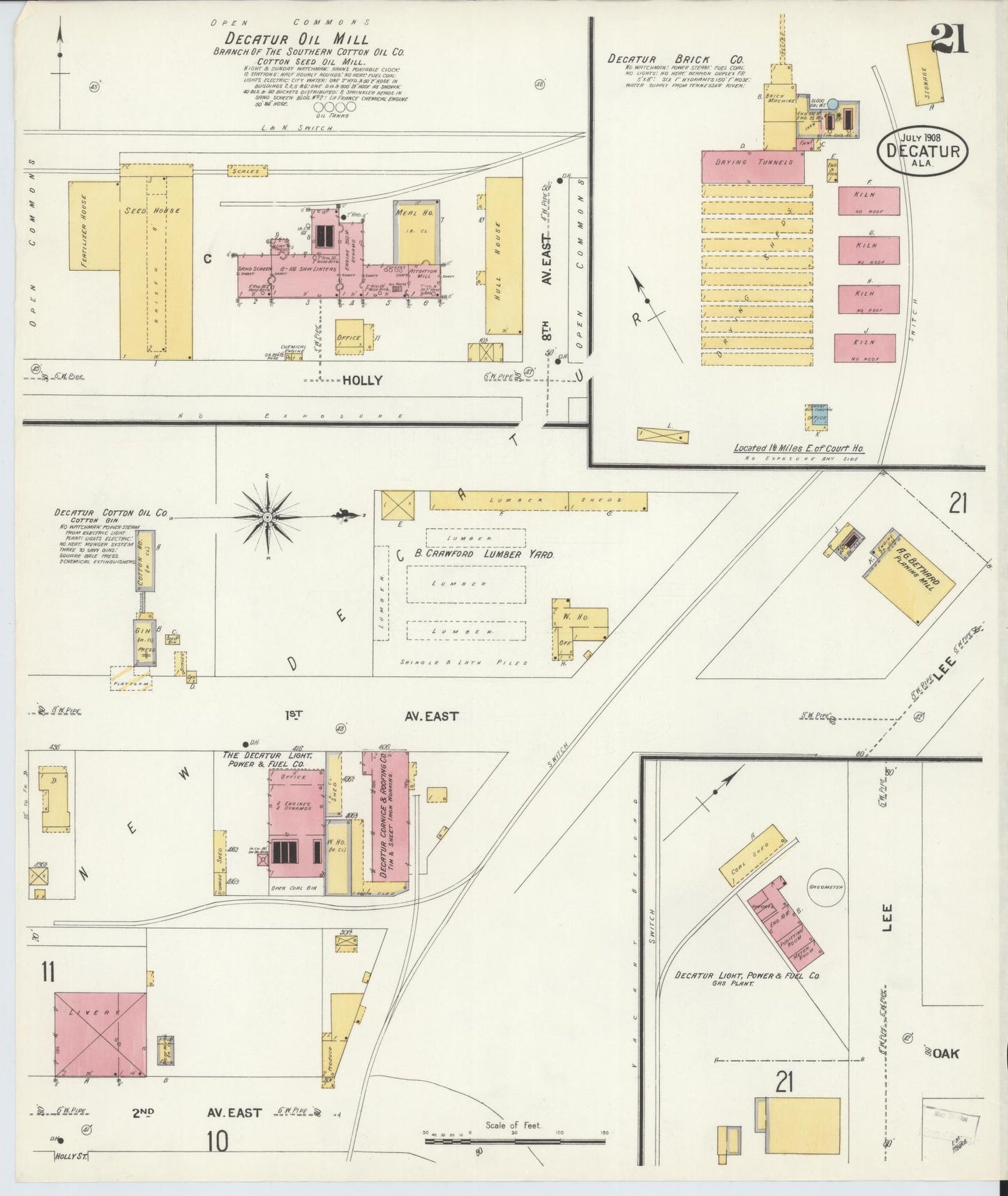 Sanborn Fire Insurance Map from Decatur, Morgan County, Alabama (1908), Sheet #0021 - Historic Sanborn Fire Insurance Map Print, vintage old map wall art, antique decor, genealogy gift, Alabama Alabama map