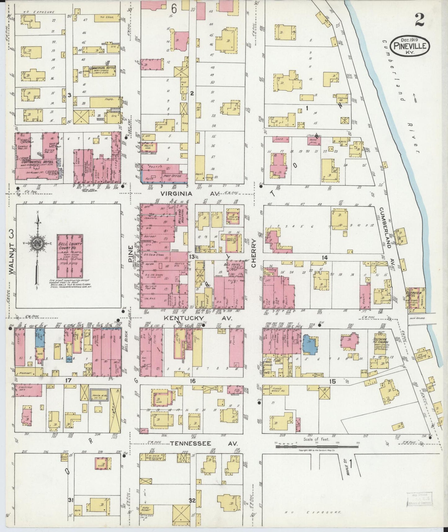 Sanborn Fire Insurance Map from Pineville, Bell County, Kentucky (1919), Sheet #0002 - Complete Map Set gallery image, historic Sanborn map, vintage wall art, Kentucky Kentucky