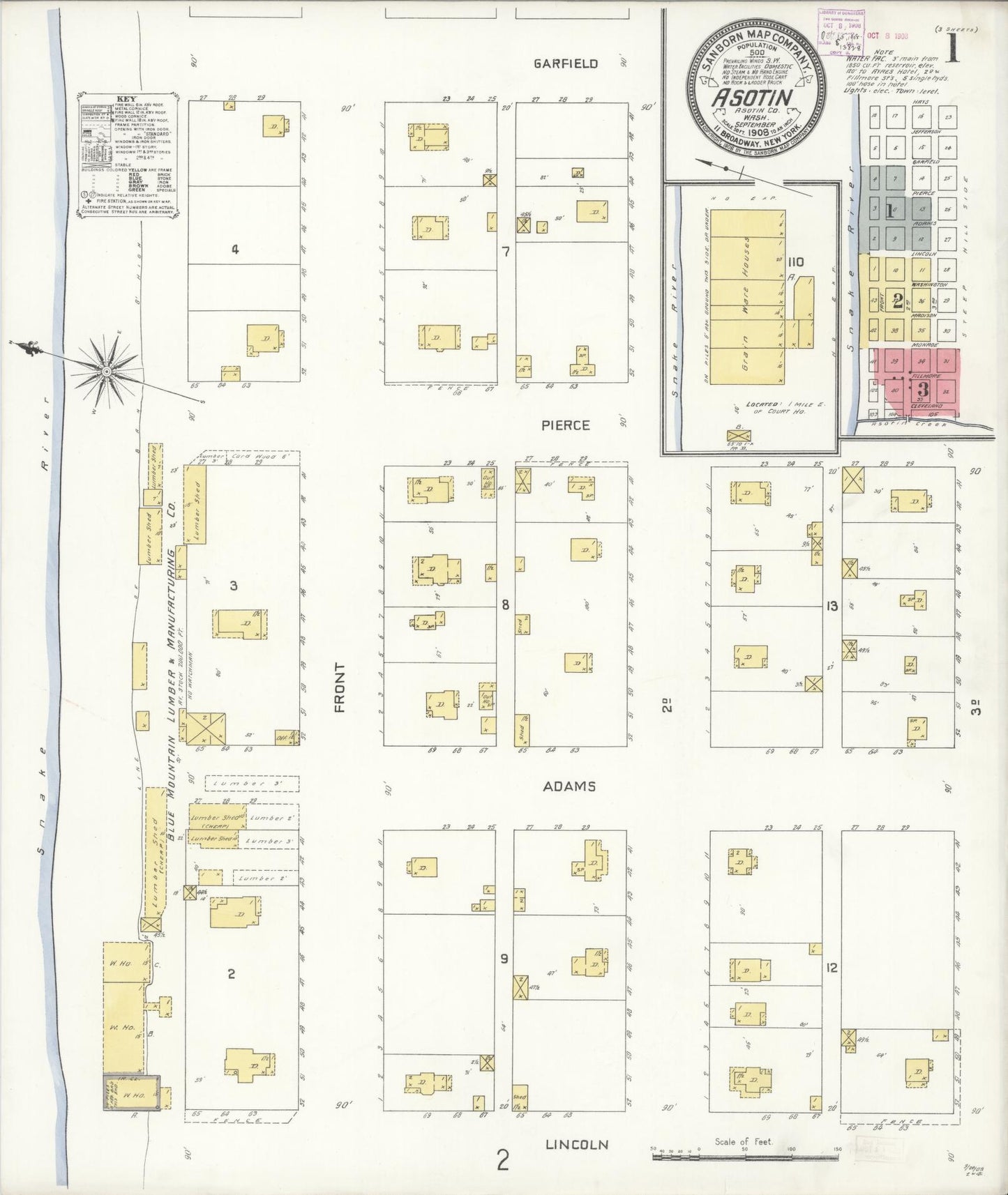 Sanborn Fire Insurance Map from Asotin, Asotin County, Washington (1908), Sheet #0001 - Historic Sanborn Fire Insurance Map Print, vintage old map wall art, antique decor, genealogy gift, Washington Washington map