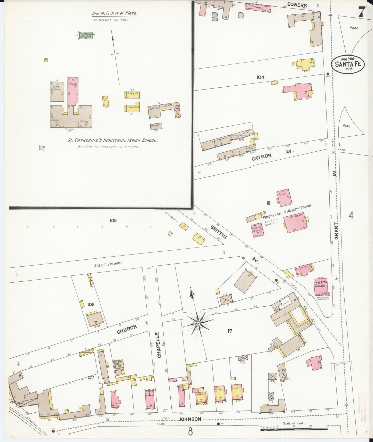 Sanborn Fire Insurance Map from Santa Fe, Santa Fe County, New Mexico (1902), Sheet #0007 - Historic Sanborn Fire Insurance Map Print, vintage old map wall art, antique decor, genealogy gift, New Mexico New Mexico map