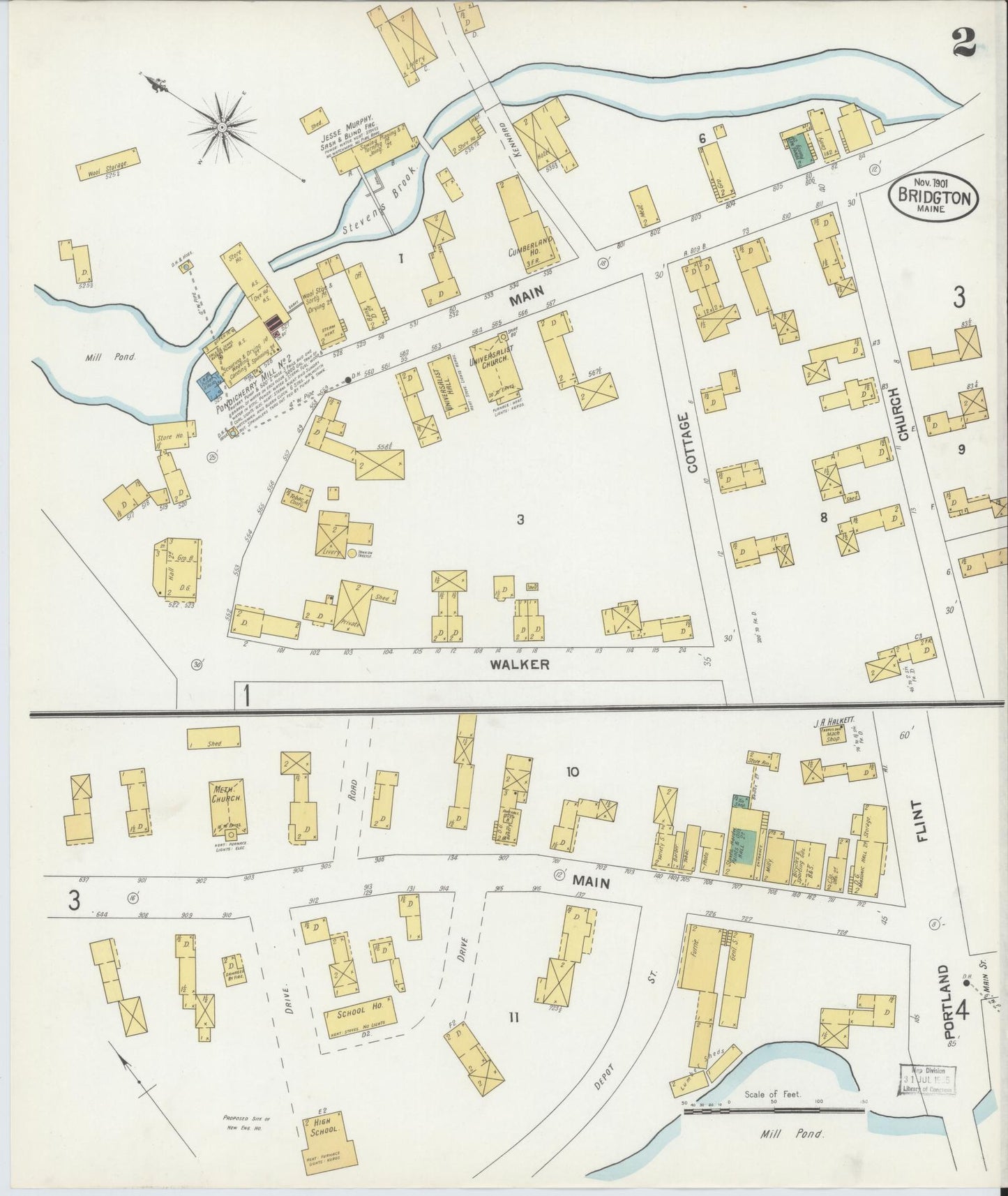 Sanborn Fire Insurance Map from Bridgton, Cumberland County, Maine (1901), Sheet #0002 - Historic Sanborn Fire Insurance Map Print, vintage old map wall art, antique decor, genealogy gift, Maine Maine map
