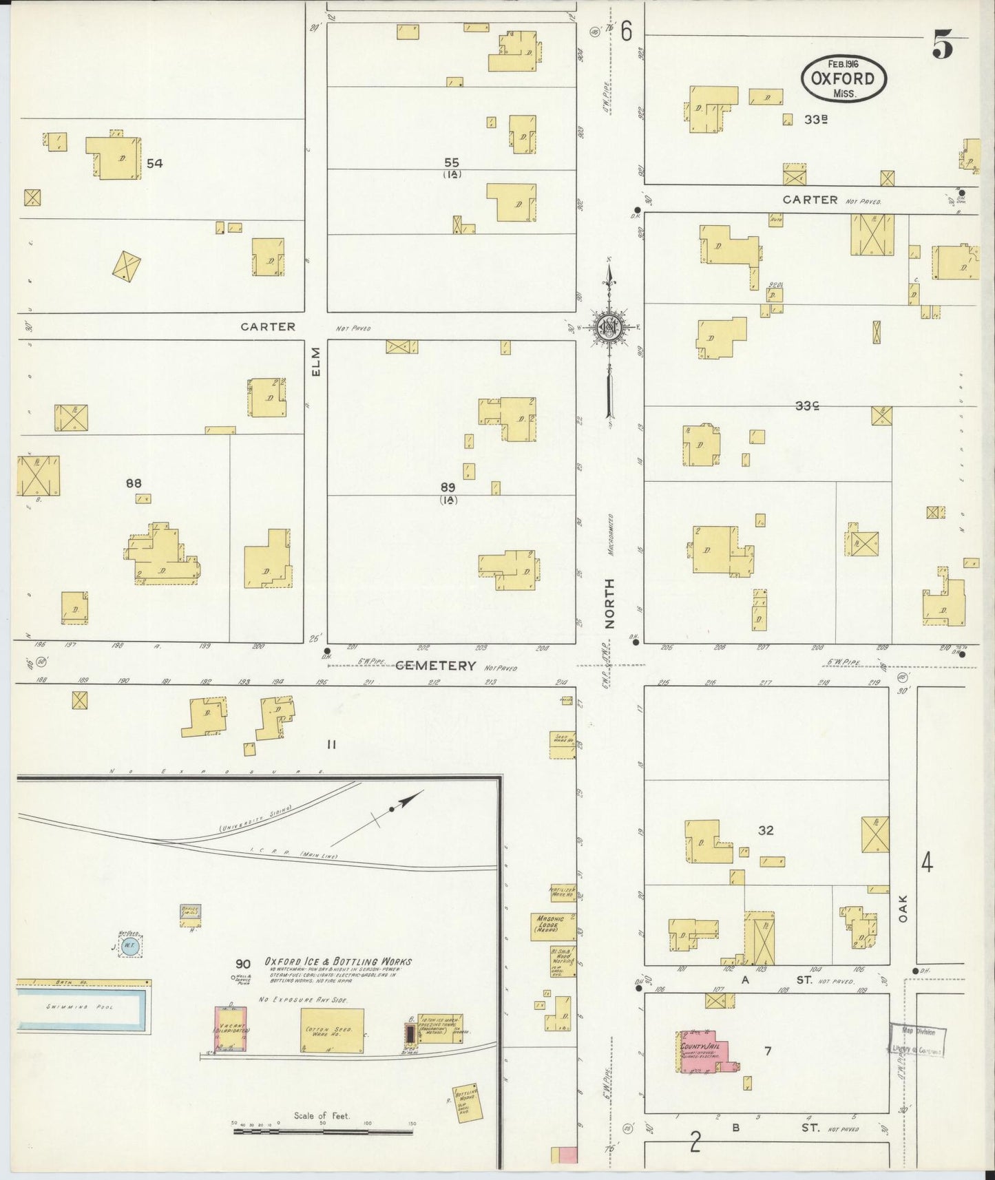 Sanborn Fire Insurance Map from Oxford, Lafayette County, Mississippi (1916), Sheet #0005 - Historic Sanborn Fire Insurance Map Print, vintage old map wall art, antique decor, genealogy gift, Mississippi Mississippi map