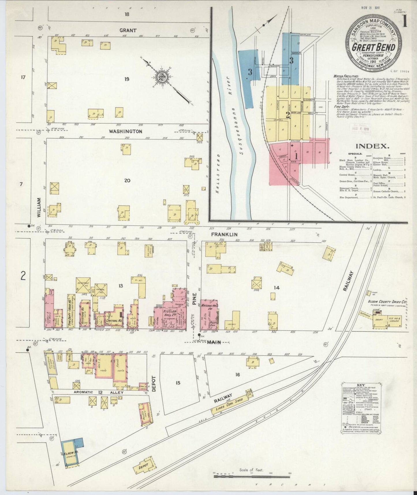 Sanborn Fire Insurance Map from Great Bend, Susquehanna County, Pennsylvania (1911), Sheet #0001 - Historic Sanborn Fire Insurance Map Print, vintage old map wall art, antique decor, genealogy gift, Pennsylvania Pennsylvania map