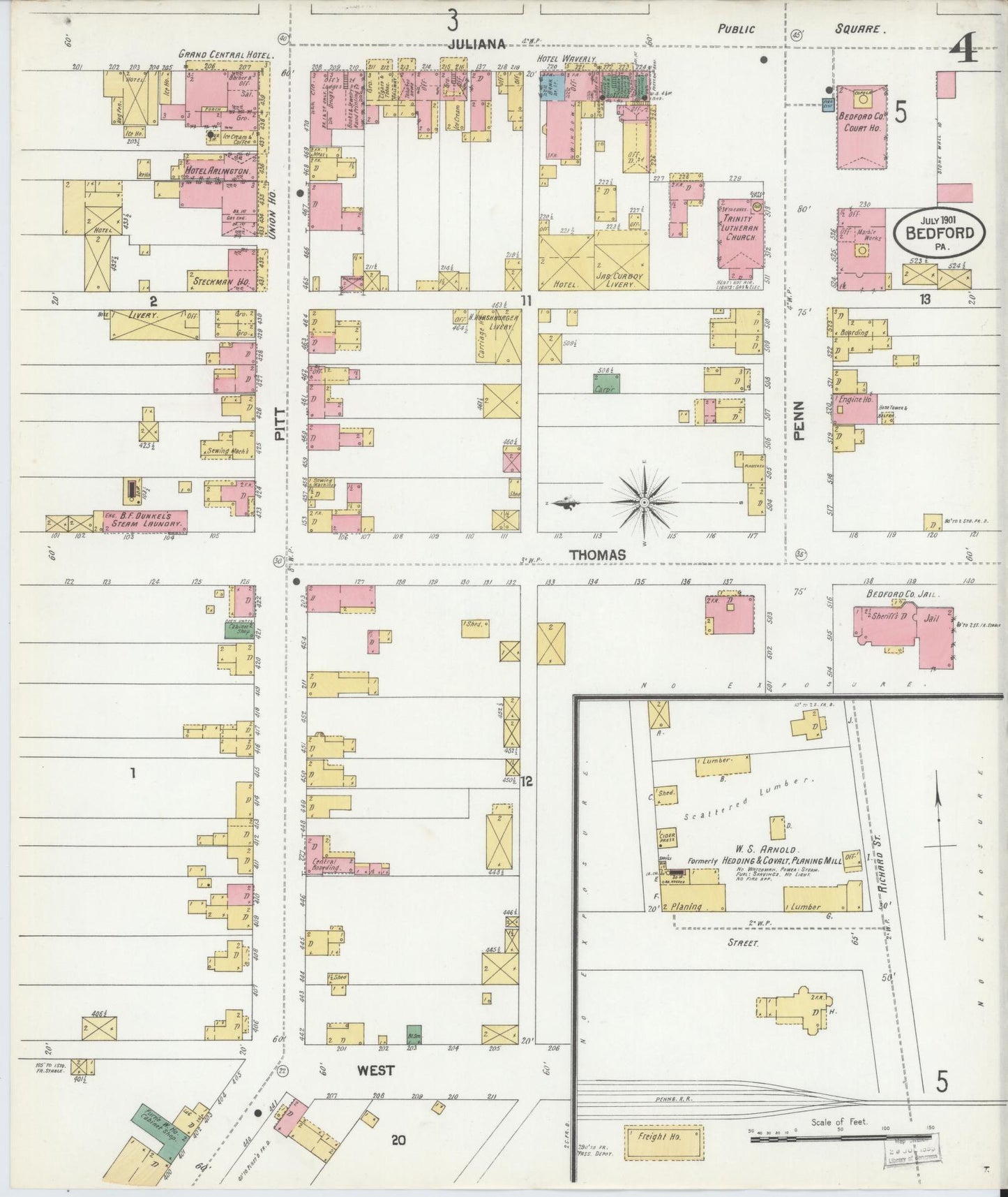 Sanborn Fire Insurance Map from Bedford, Bedford County, Pennsylvania (1901), Sheet #0004 - Historic Sanborn Fire Insurance Map Print, vintage old map wall art, antique decor, genealogy gift, Pennsylvania Pennsylvania map