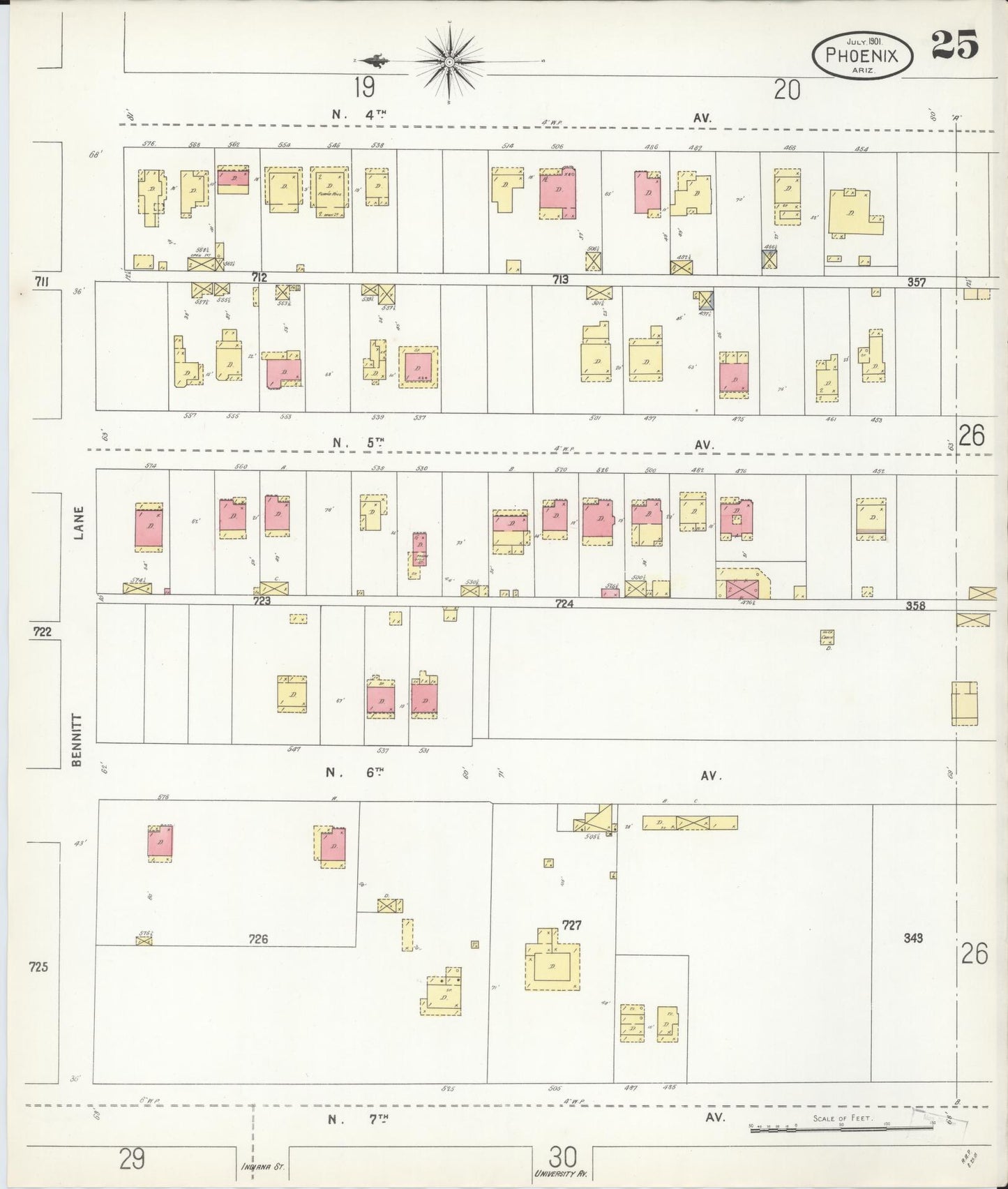 Sanborn Fire Insurance Map from Phoenix, Maricopa County, Arizona (1901), Sheet #0025 - Historic Sanborn Fire Insurance Map Print, vintage old map wall art, antique decor, genealogy gift, Arizona Arizona map