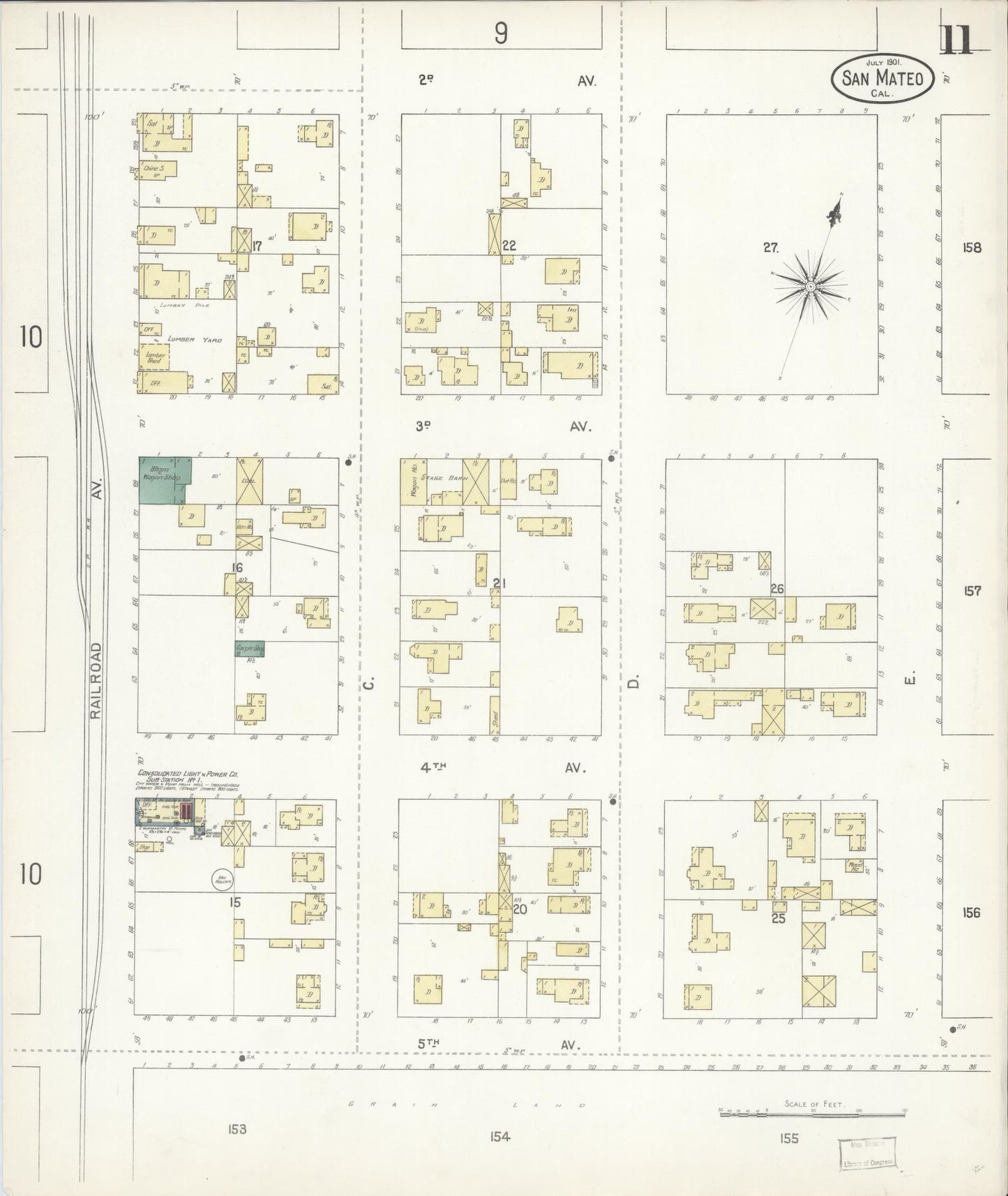 Sanborn Fire Insurance Map from San Mateo, San Mateo County, California (1901), Sheet #0011 - Complete Map Set gallery image, historic Sanborn map, vintage wall art, California California