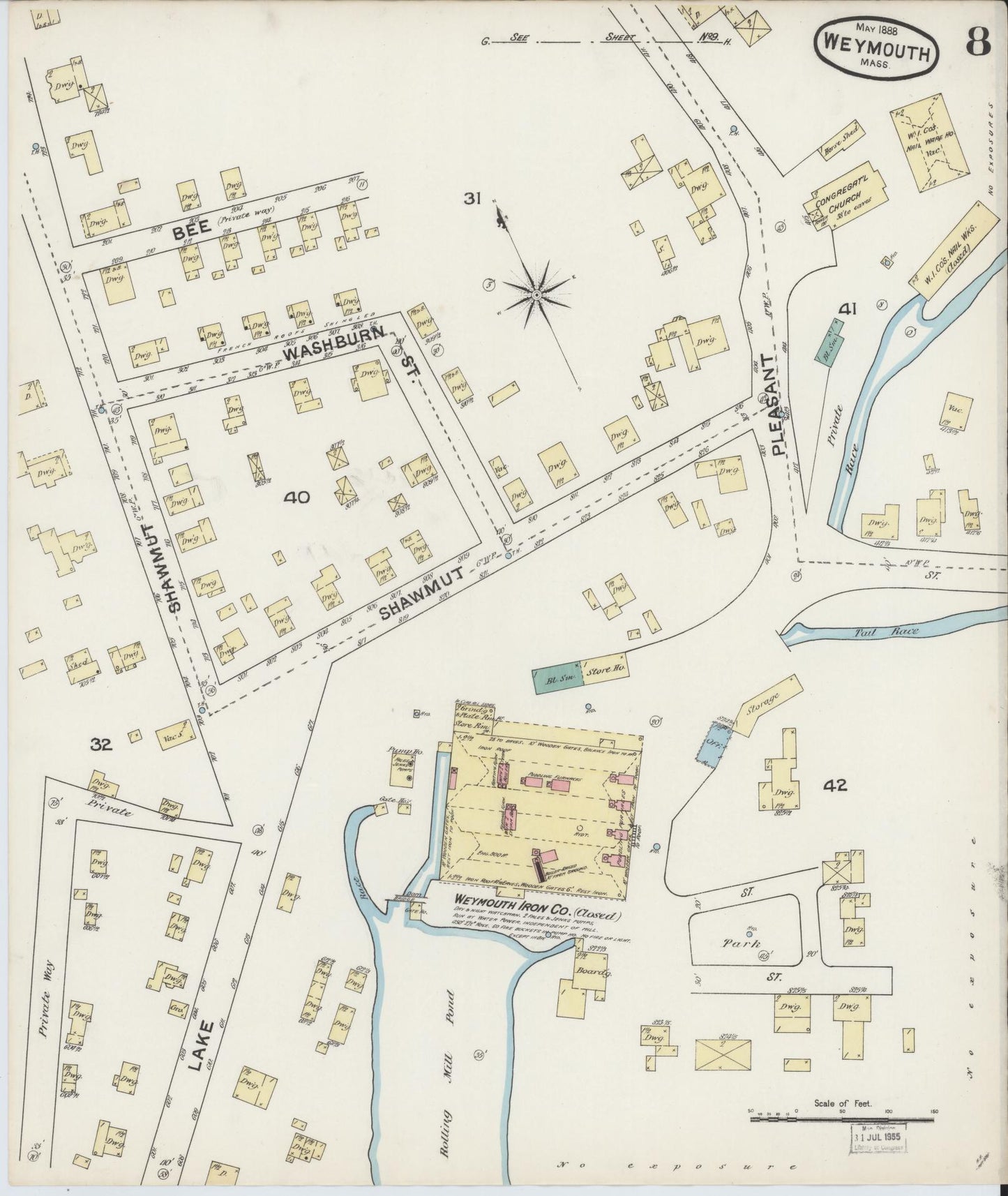 Sanborn Fire Insurance Map from Weymouth, Norfolk County, Massachusetts (1888), Sheet #0008 - Historic Sanborn Fire Insurance Map Print, vintage old map wall art, antique decor, genealogy gift, Massachusetts Massachusetts map