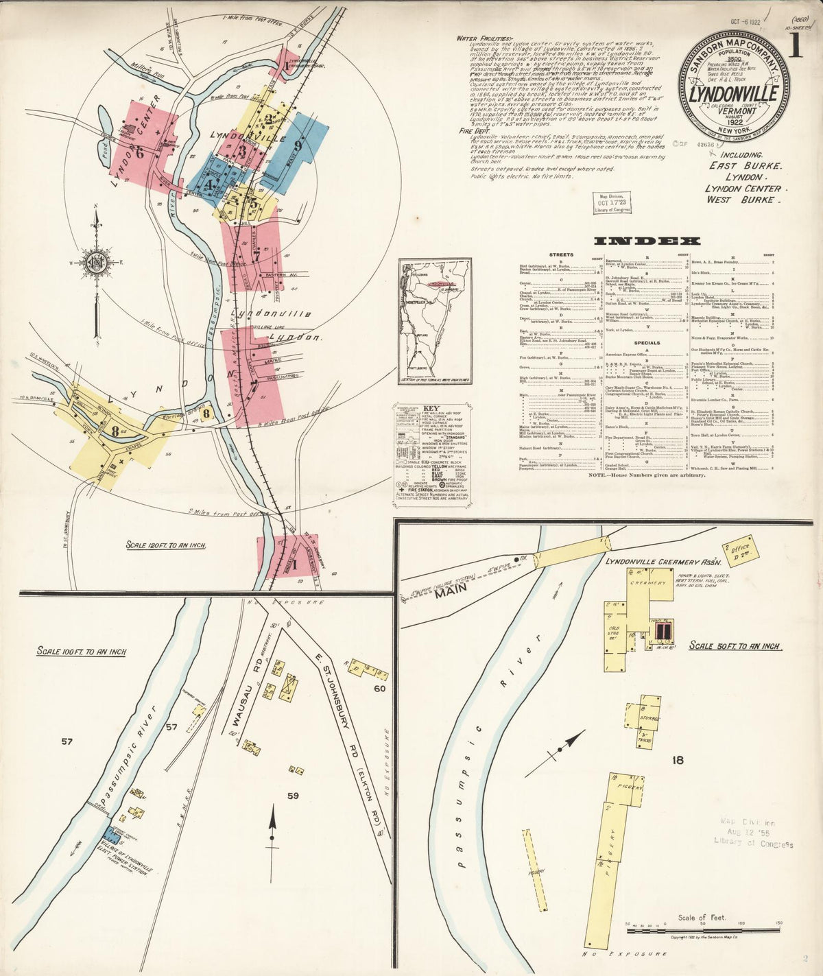 Sanborn Fire Insurance Map from Lyndonville, Caledonia County, Vermont (1922), Sheet #0001 - Historic Sanborn Fire Insurance Map Print, vintage old map wall art, antique decor, genealogy gift, Vermont Vermont map