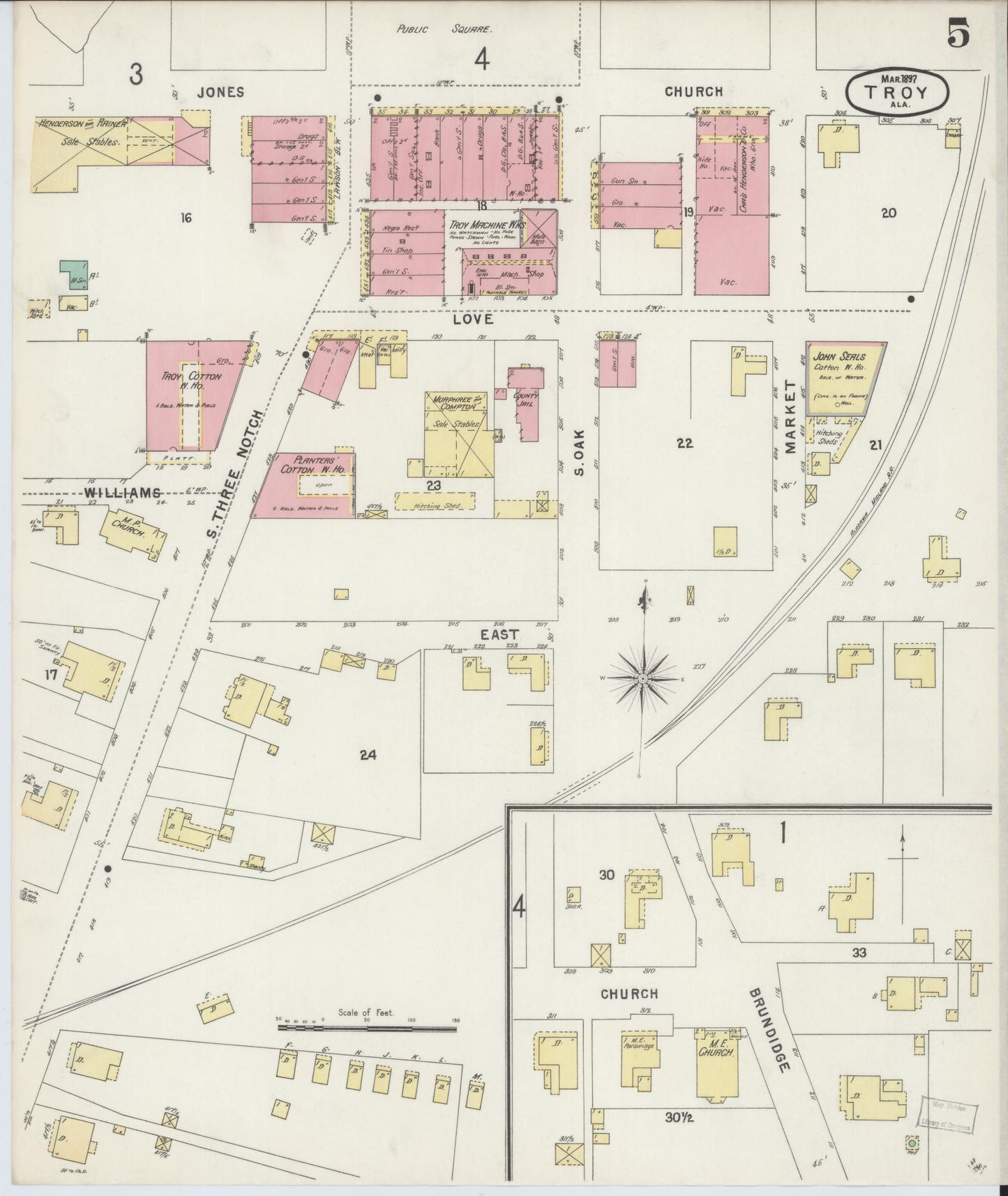 Sanborn Fire Insurance Map from Troy, Pike County, Alabama (1897), Sheet #0005 - Historic Sanborn Fire Insurance Map Print, vintage old map wall art, antique decor, genealogy gift, Alabama Alabama map