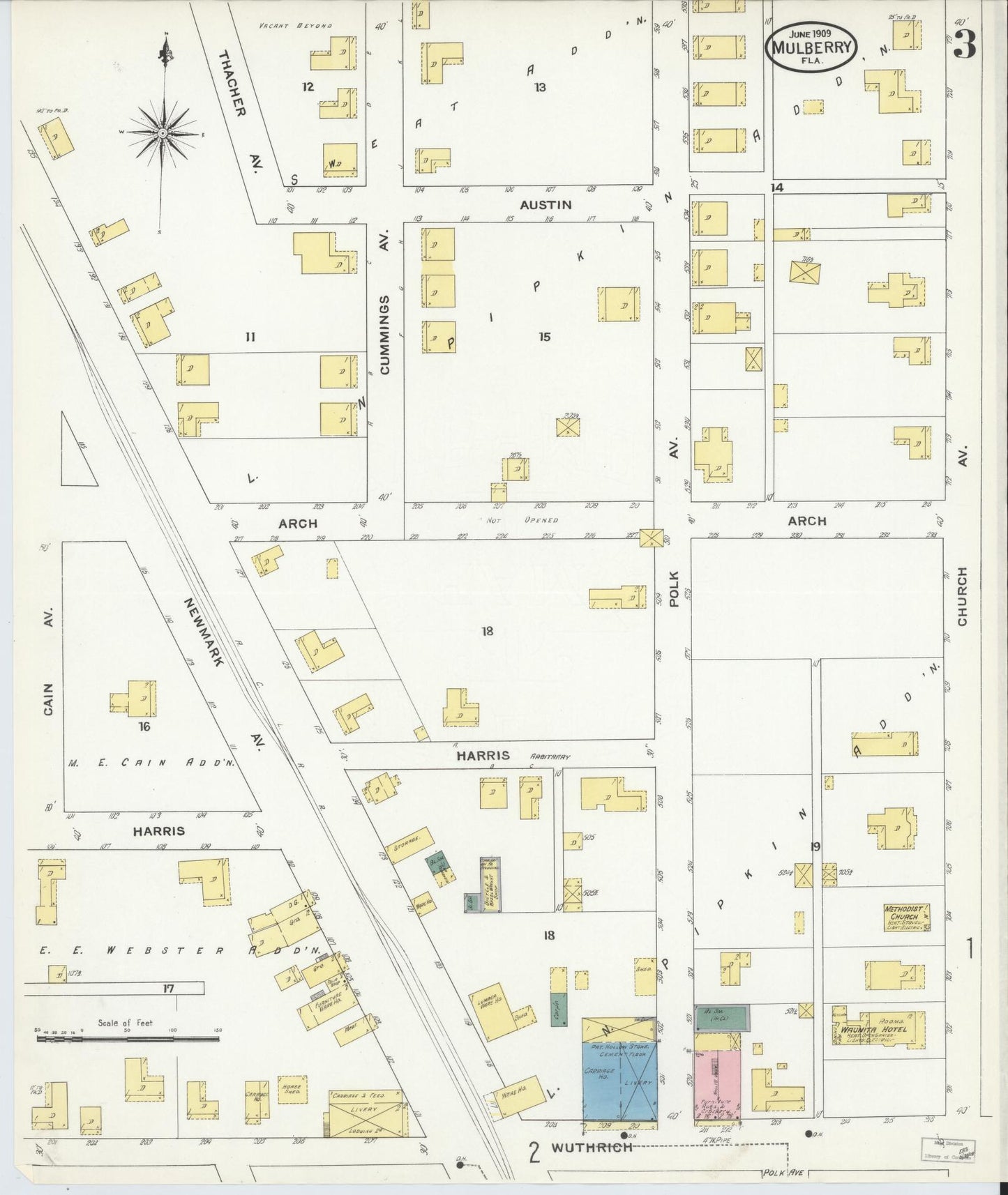 Sanborn Fire Insurance Map from Mulberry, Polk County, Florida (1909), Sheet #0003 - Complete Map Set gallery image, historic Sanborn map, vintage wall art, Florida Florida