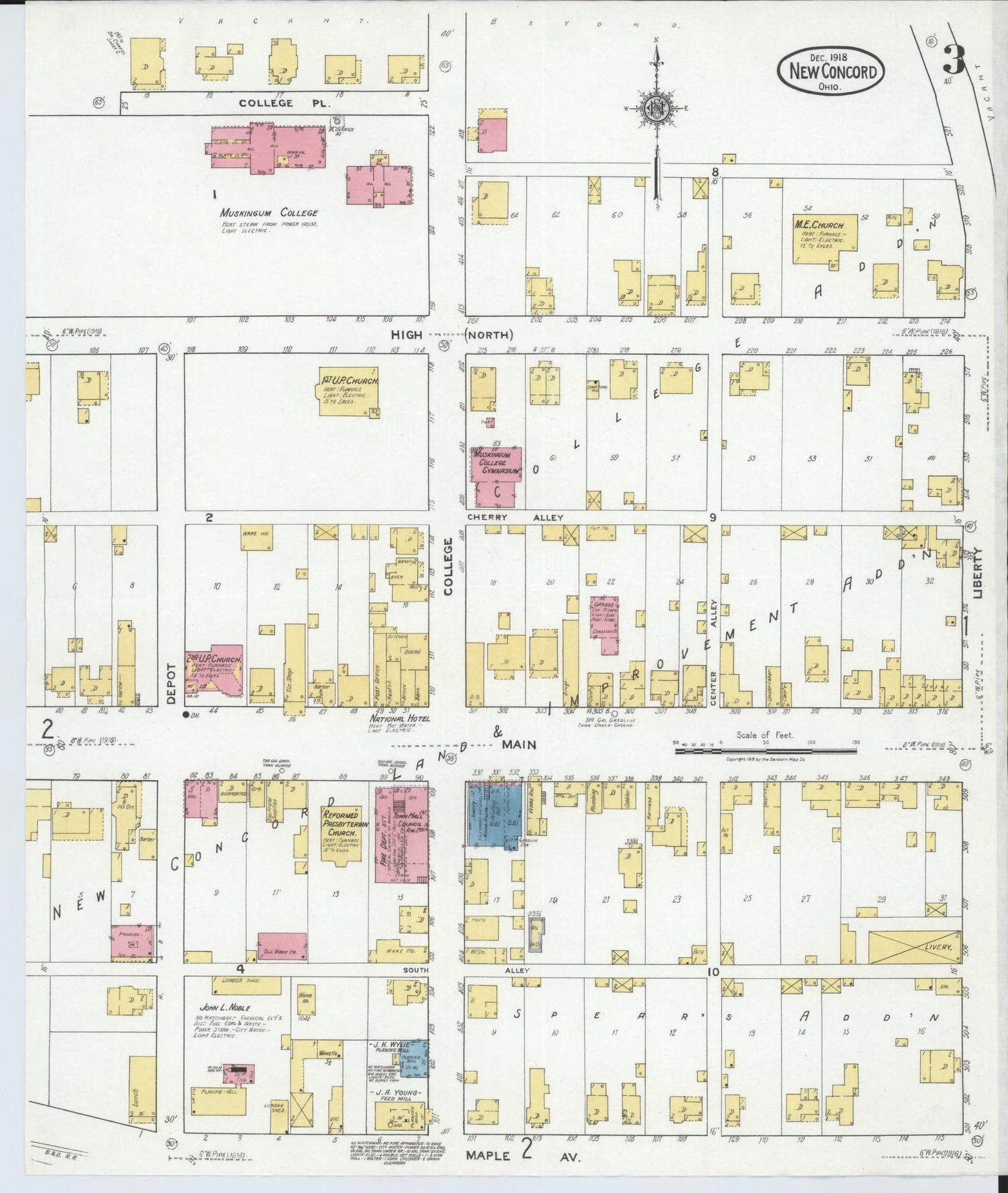 Sanborn Fire Insurance Map from New Concord, Muskingum County, Ohio (1918), Sheet #0003 - Historic Sanborn Fire Insurance Map Print, vintage old map wall art, antique decor, genealogy gift, Ohio Ohio map