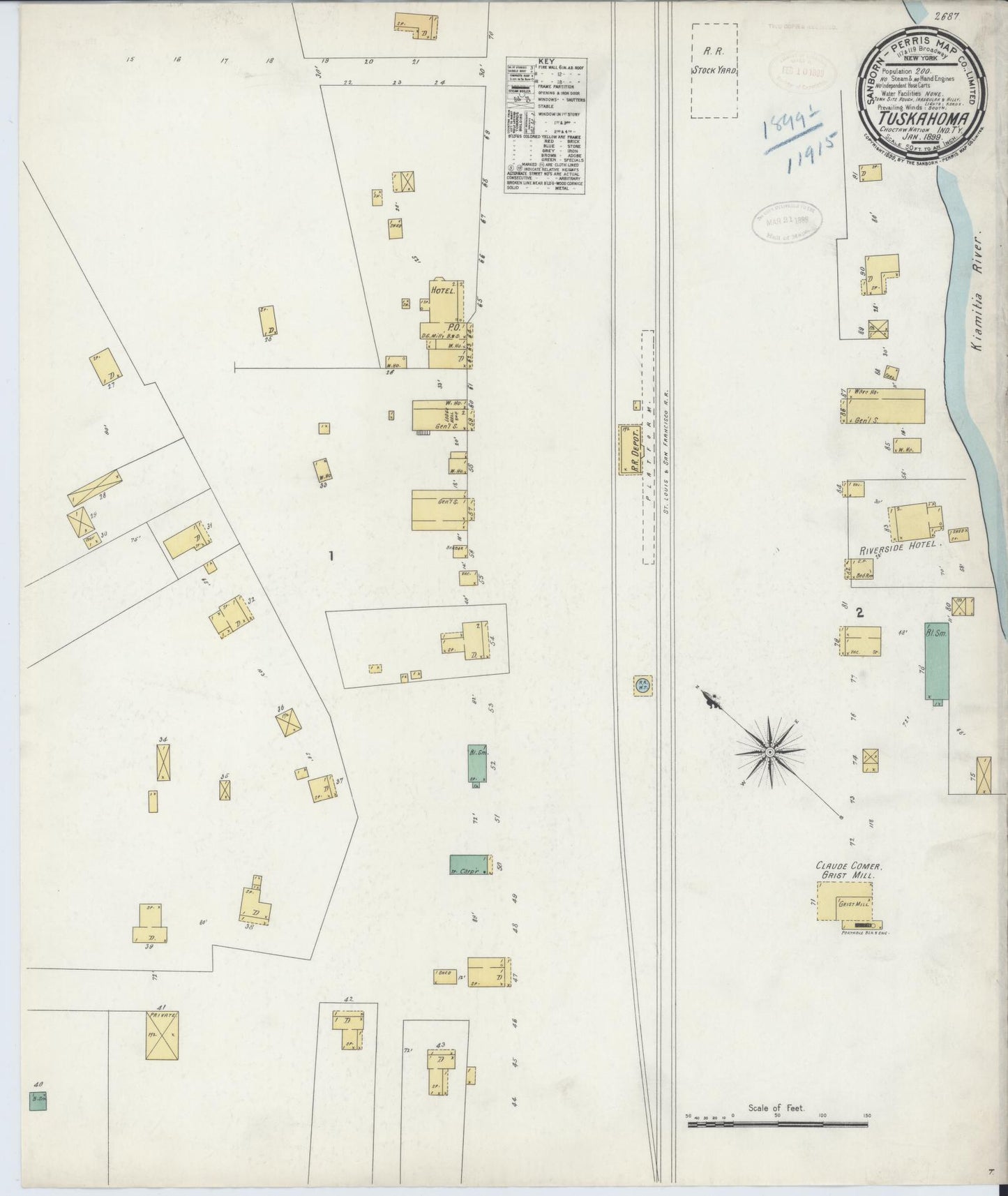 Sanborn Fire Insurance Map from Tuskahoma, Pushmataha County, Oklahoma (1899), Sheet #0001 - Historic Sanborn Fire Insurance Map Print, vintage old map wall art, antique decor, genealogy gift, Oklahoma Oklahoma map