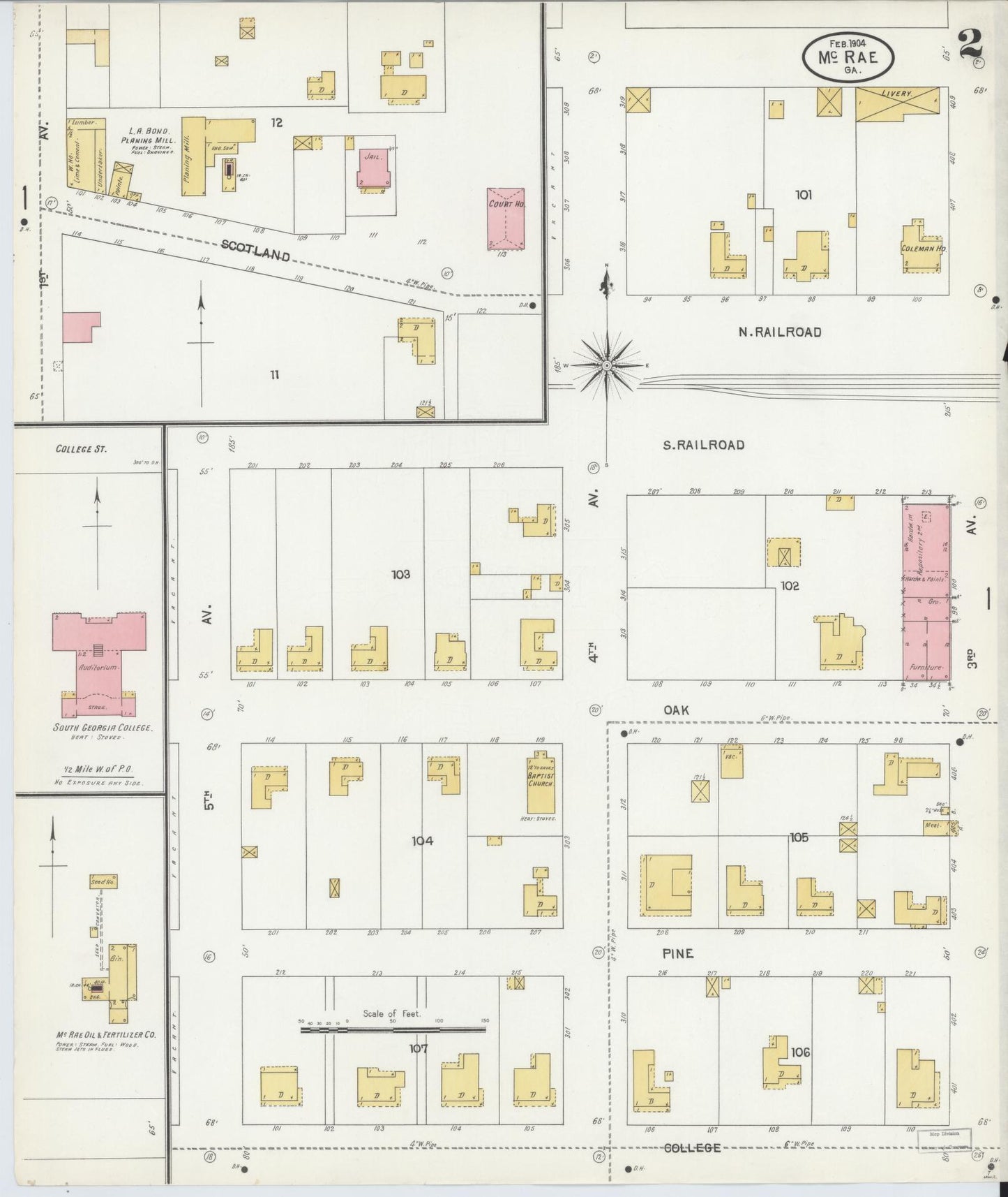 Sanborn Fire Insurance Map from Mcrae, Telfair County, Georgia (1904), Sheet #0002 - Historic Sanborn Fire Insurance Map Print, vintage old map wall art, antique decor, genealogy gift, Georgia Georgia map