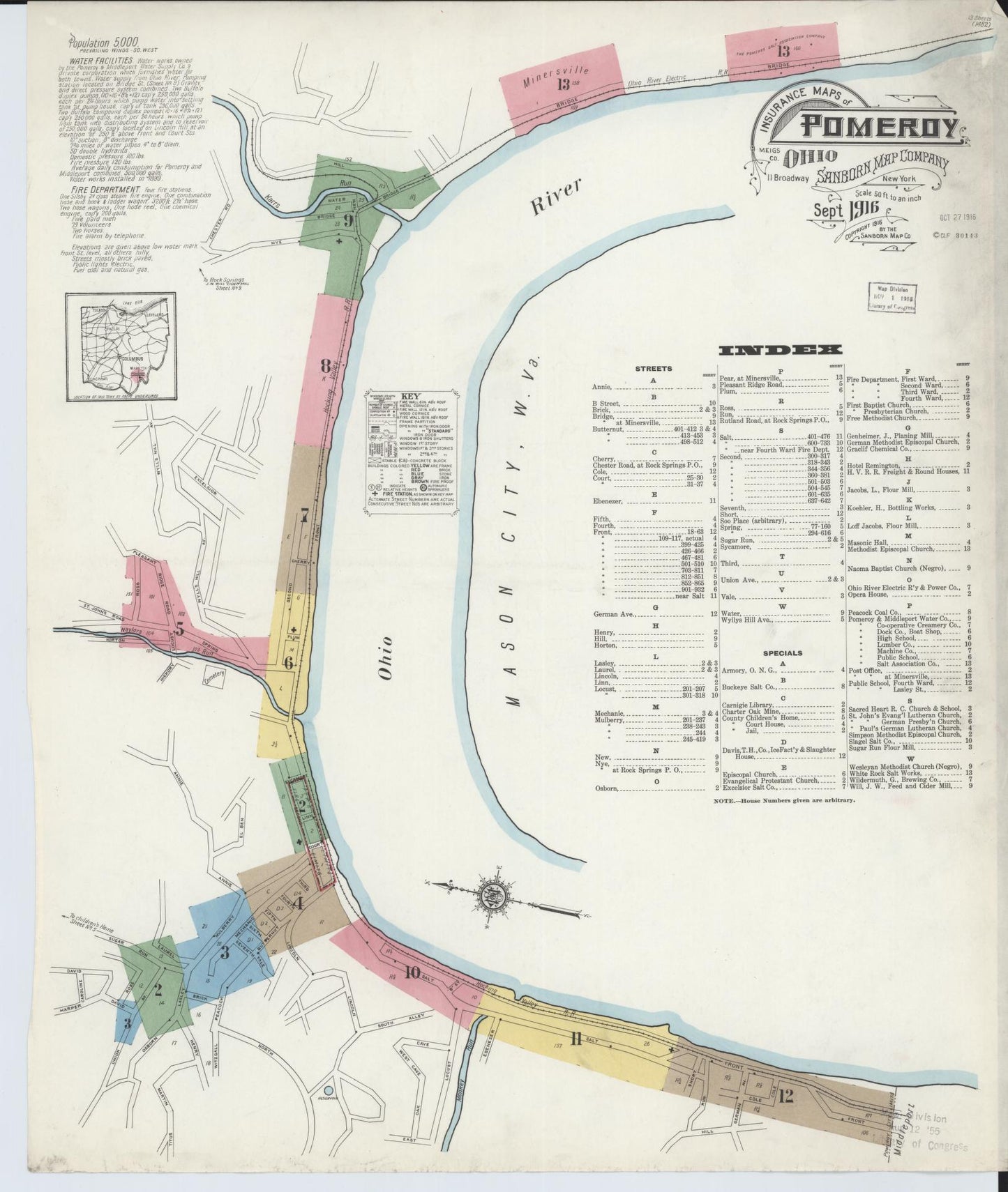 Sanborn Fire Insurance Map from Pomeroy, Meigs County, Ohio (1916), Sheet #0001 - Historic Sanborn Fire Insurance Map Print, vintage old map wall art, antique decor, genealogy gift, Ohio Ohio map