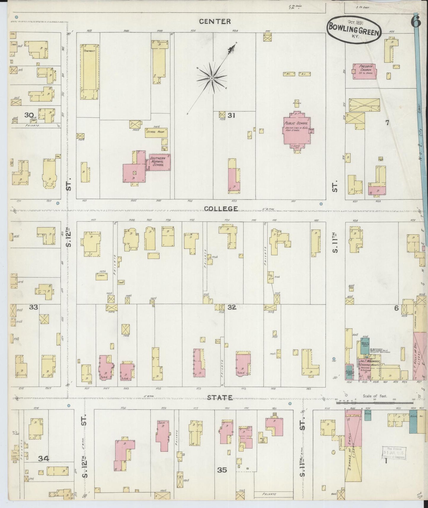Sanborn Fire Insurance Map from Bowling Green, Warren County, Kentucky (1891), Sheet #0006 - Complete Map Set gallery image, historic Sanborn map, vintage wall art, Kentucky Kentucky