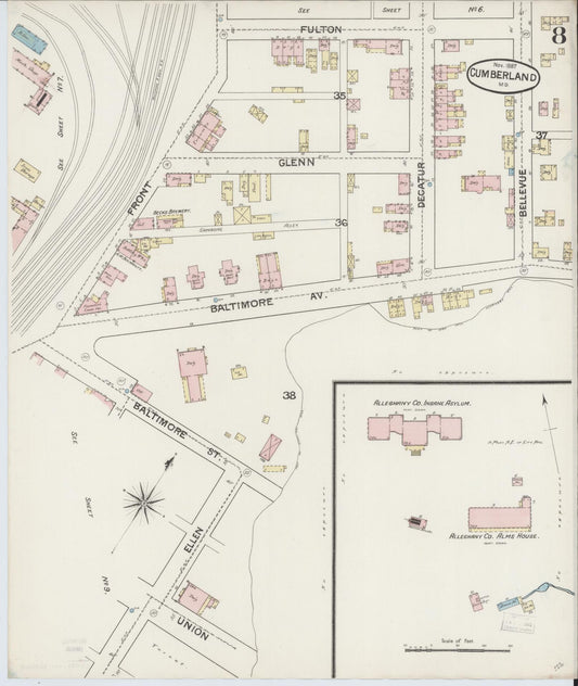 Allegany, Maryland - 1887 - Sanborn Fire Insurance Map, Sheet #0008 - Historic Sanborn Fire Insurance Map Print, Allegany Maryland 1887 0008 vintage old map wall art