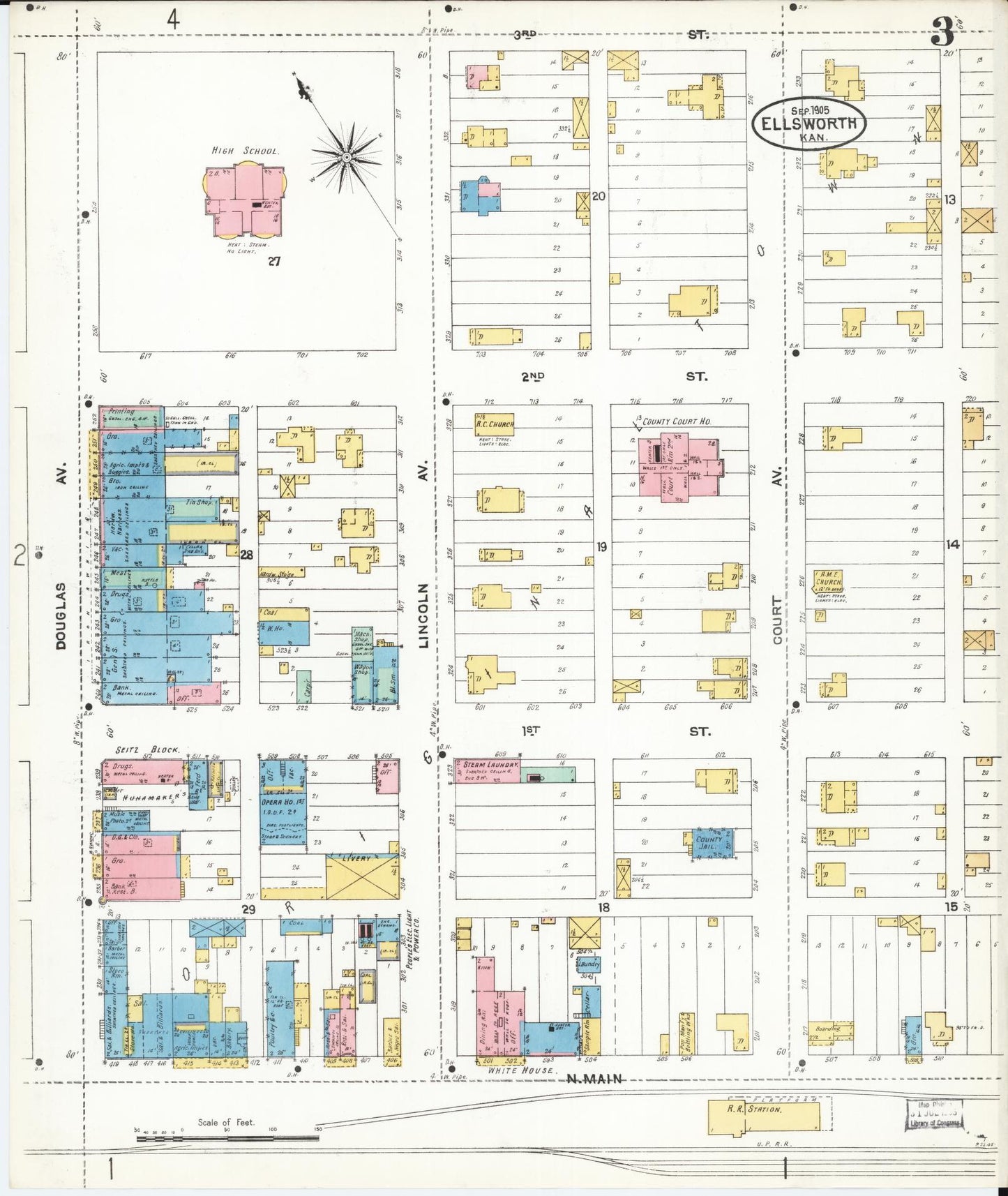Sanborn Fire Insurance Map from Ellsworth, Ellsworth County, Kansas (1905), Sheet #0003 - Historic Sanborn Fire Insurance Map Print, vintage old map wall art, antique decor, genealogy gift, Kansas Kansas map
