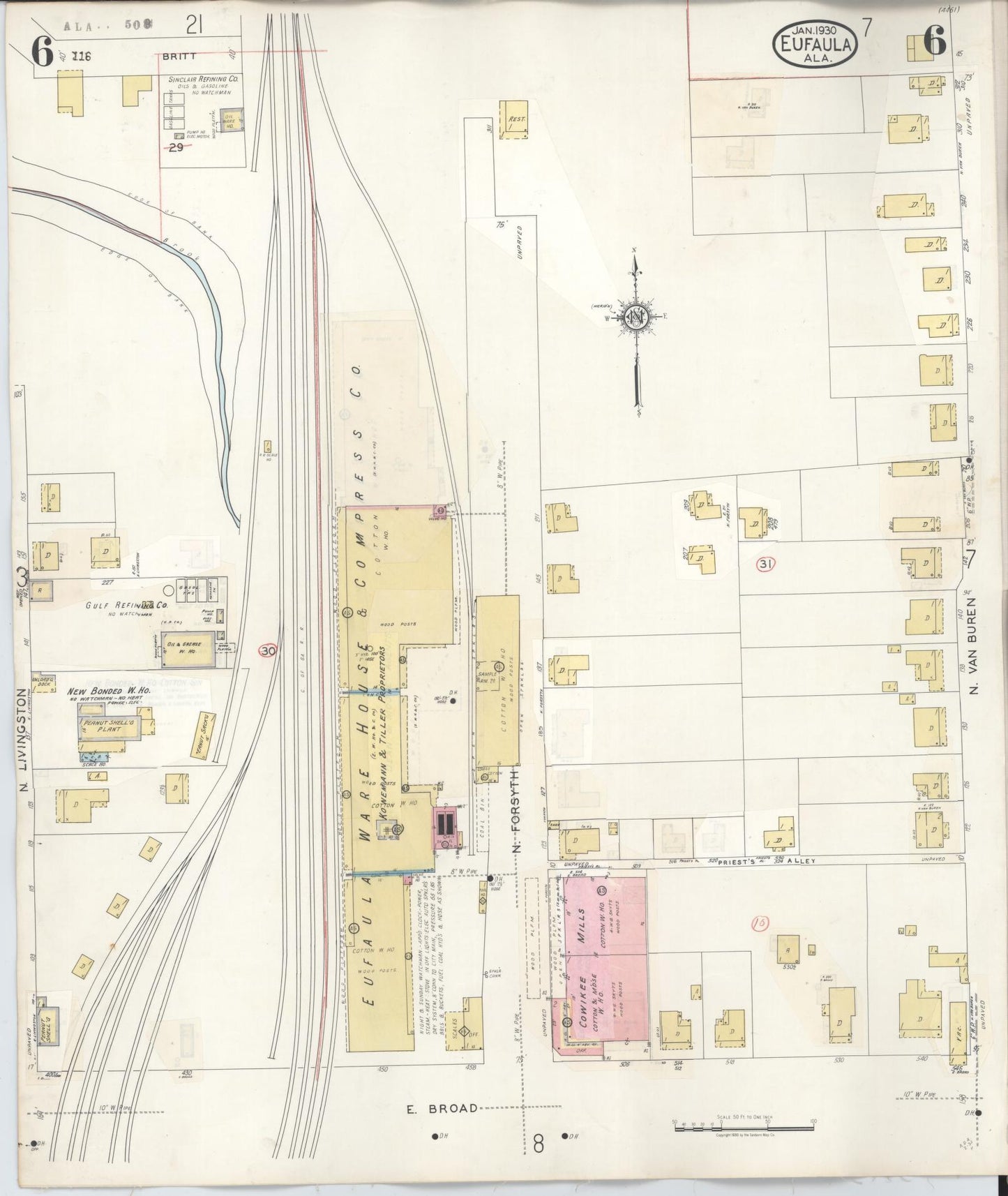 Sanborn Fire Insurance Map from Eufaula, Barbour County, Alabama (1950), Sheet #0006 - Historic Sanborn Fire Insurance Map Print, vintage old map wall art, antique decor, genealogy gift, Alabama Alabama map