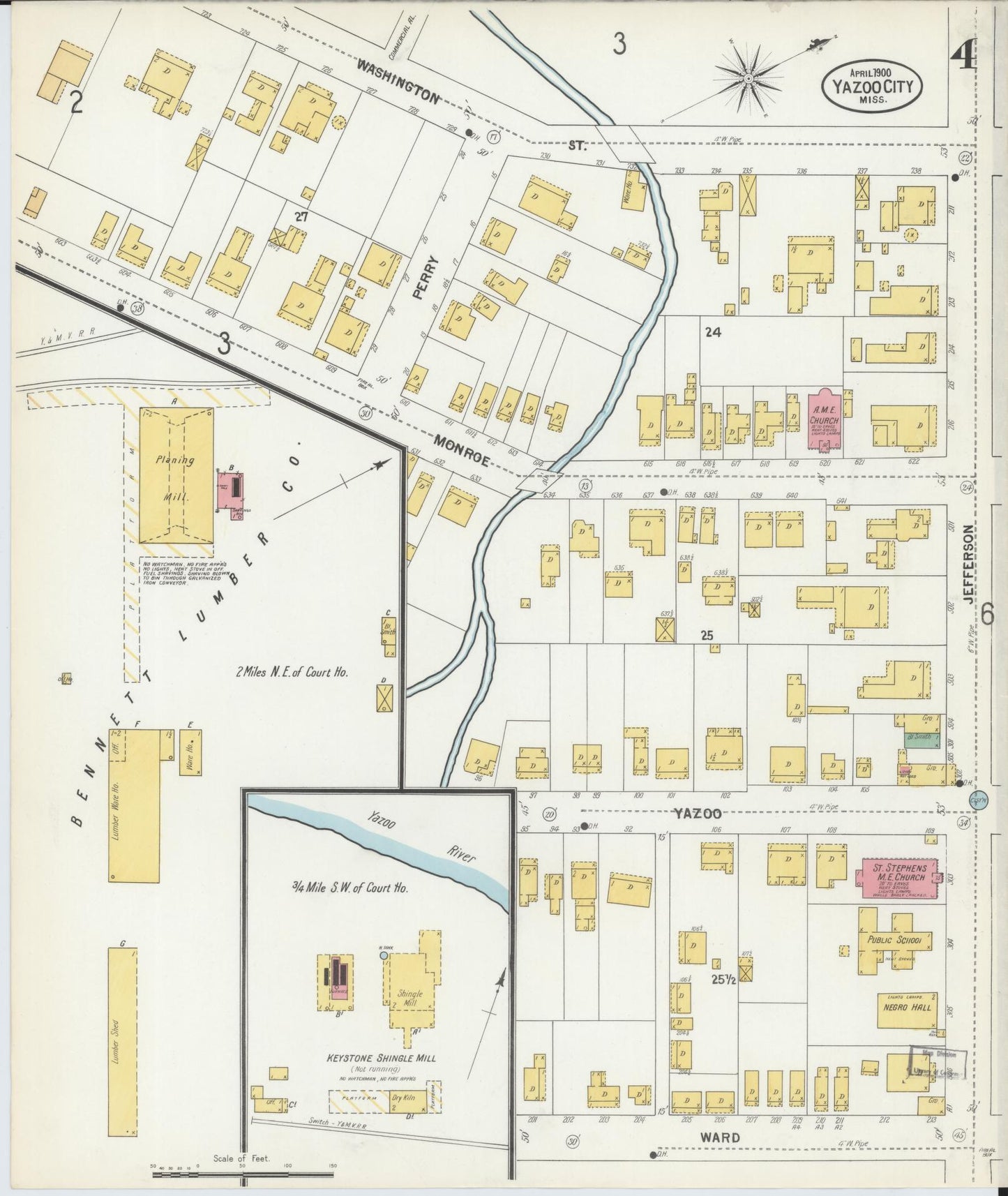 Sanborn Fire Insurance Map from Yazoo City, Yazoo County, Mississippi (1900), Sheet #0004 - Historic Sanborn Fire Insurance Map Print, vintage old map wall art, antique decor, genealogy gift, Mississippi Mississippi map