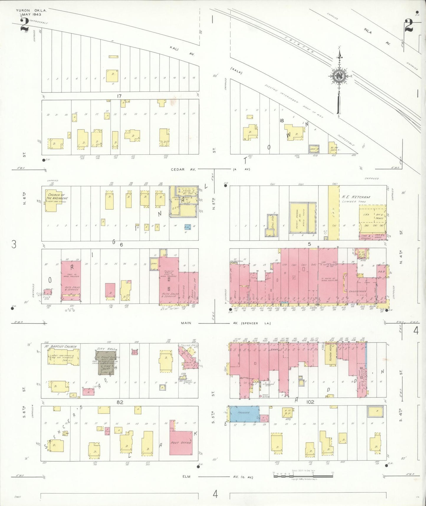 Sanborn Fire Insurance Map from Yukon, Canadian County, Oklahoma (1943), Sheet #0002 - Historic Sanborn Fire Insurance Map Print, vintage old map wall art, antique decor, genealogy gift, Oklahoma Oklahoma map