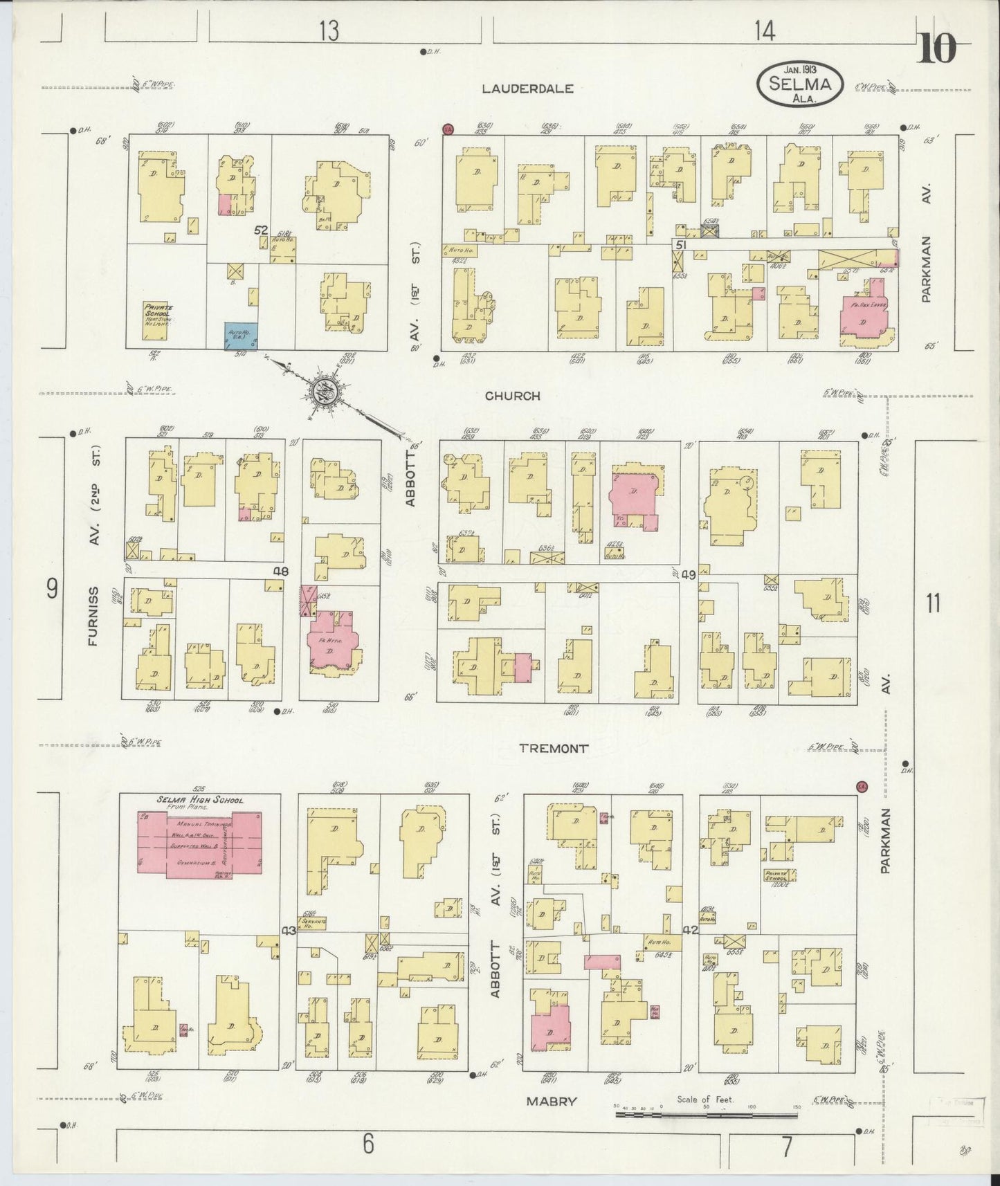 Sanborn Fire Insurance Map from Selma, Dallas County, Alabama (1913), Sheet #0010 - Historic Sanborn Fire Insurance Map Print, vintage old map wall art, antique decor, genealogy gift, Alabama Alabama map