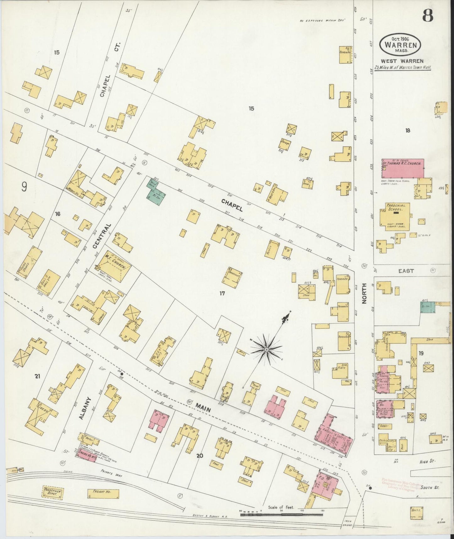 Sanborn Fire Insurance Map from Warren, Worcester County, Massachusetts (1906), Sheet #0008 - Historic Sanborn Fire Insurance Map Print, vintage old map wall art, antique decor, genealogy gift, Massachusetts Massachusetts map