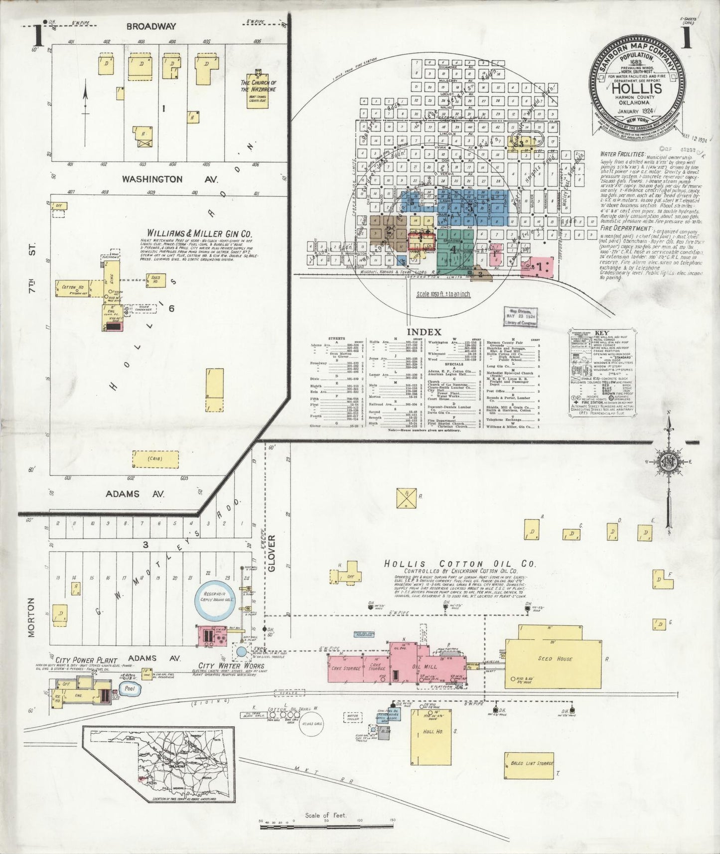 Sanborn Fire Insurance Map from Hollis, Harmon County, Oklahoma (1924), Sheet #0001 - Historic Sanborn Fire Insurance Map Print, vintage old map wall art, antique decor, genealogy gift, Oklahoma Oklahoma map