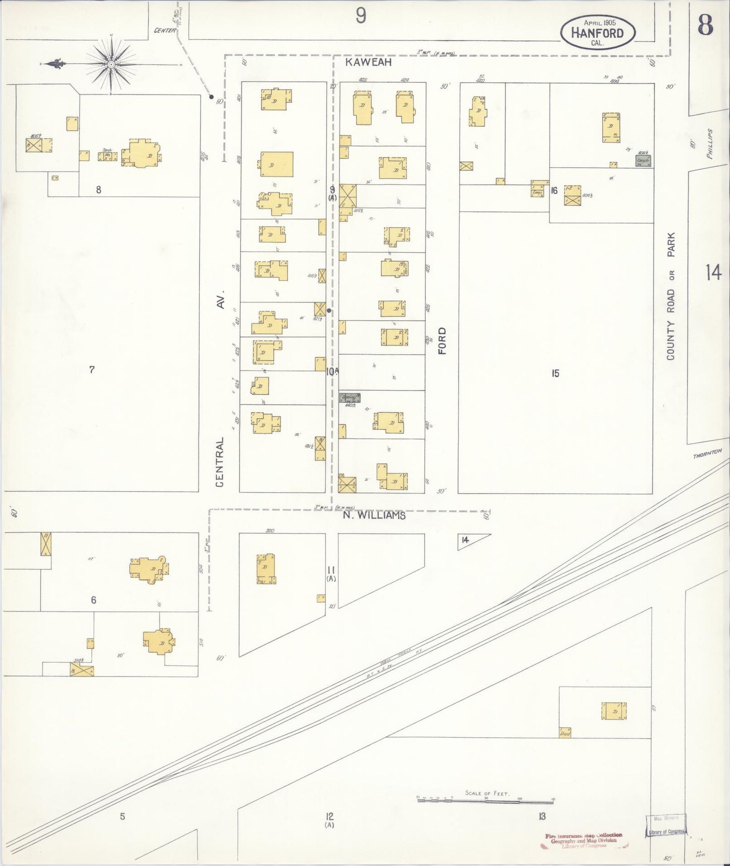 Sanborn Fire Insurance Map from Hanford, Kings County, California (1905), Sheet #0008 - Historic Sanborn Fire Insurance Map Print, vintage old map wall art, antique decor, genealogy gift, California California map