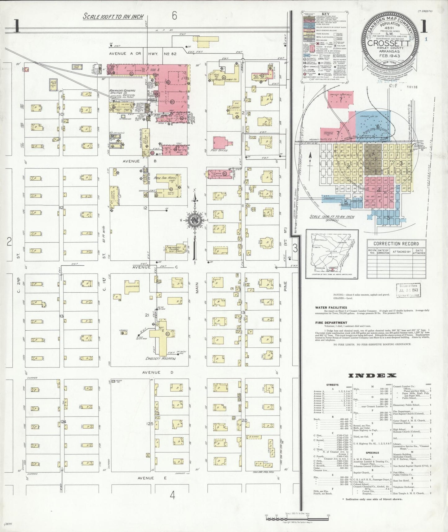 Sanborn Fire Insurance Map from Crossett, Ashley County, Arkansas. (1943) – Historic Sanborn Fire Insurance Map Print