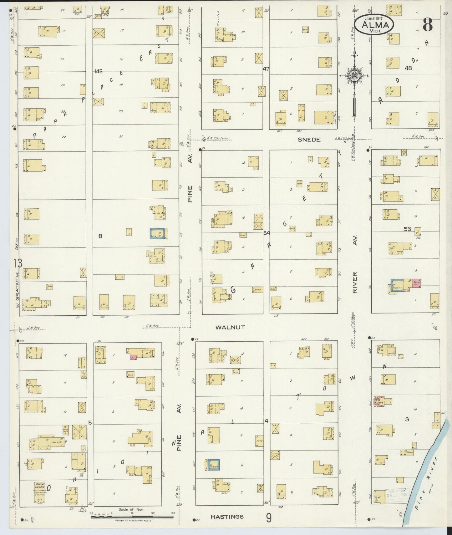 Sanborn Fire Insurance Map from Alma, Gratiot County, Michigan (1917), Sheet #0008 - Historic Sanborn Fire Insurance Map Print, vintage old map wall art, antique decor, genealogy gift, Michigan Michigan map