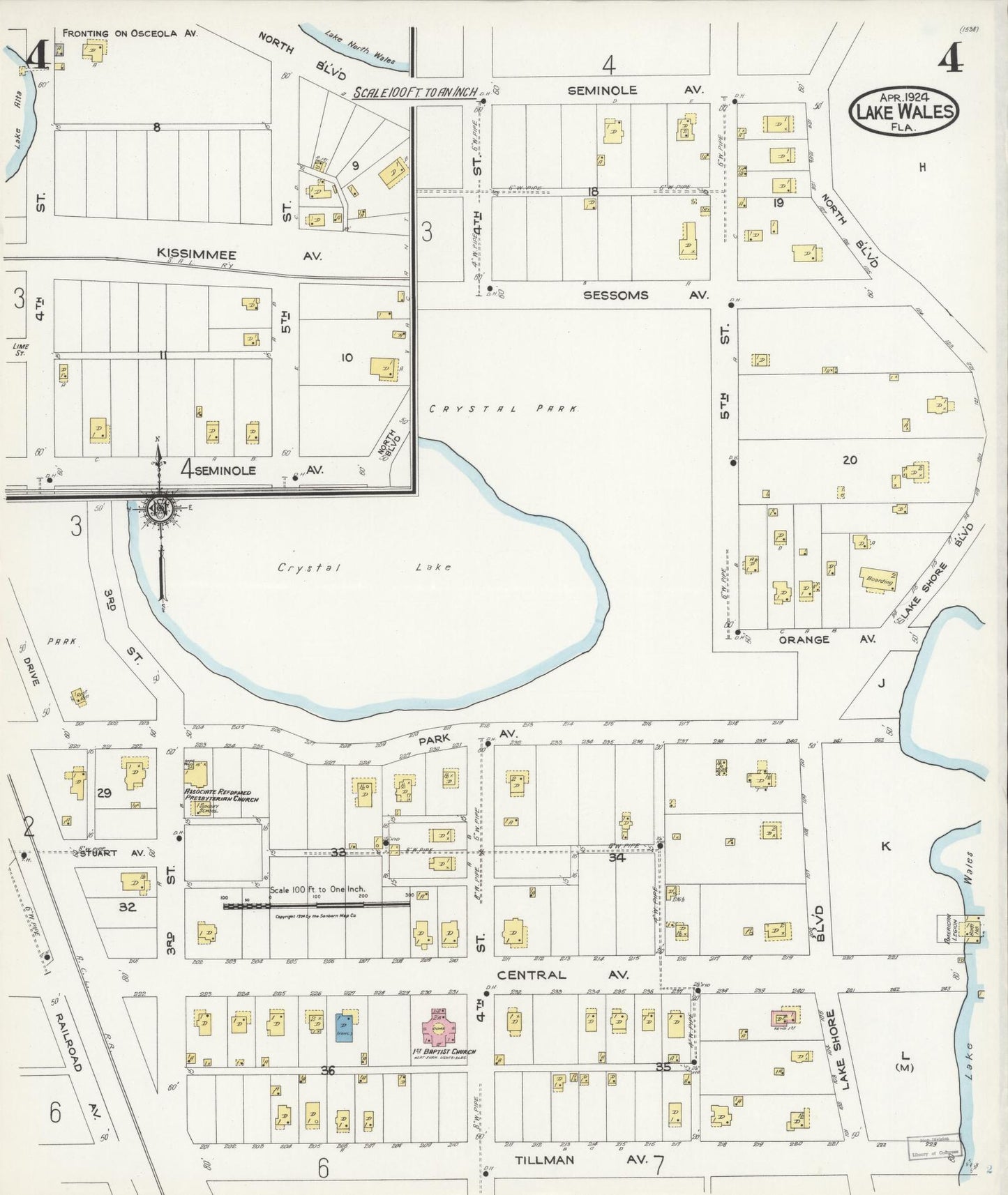 Sanborn Fire Insurance Map from Lake Wales, Polk County, Florida (1924), Sheet #0004 - Historic Sanborn Fire Insurance Map Print, vintage old map wall art, antique decor, genealogy gift, Florida Florida map