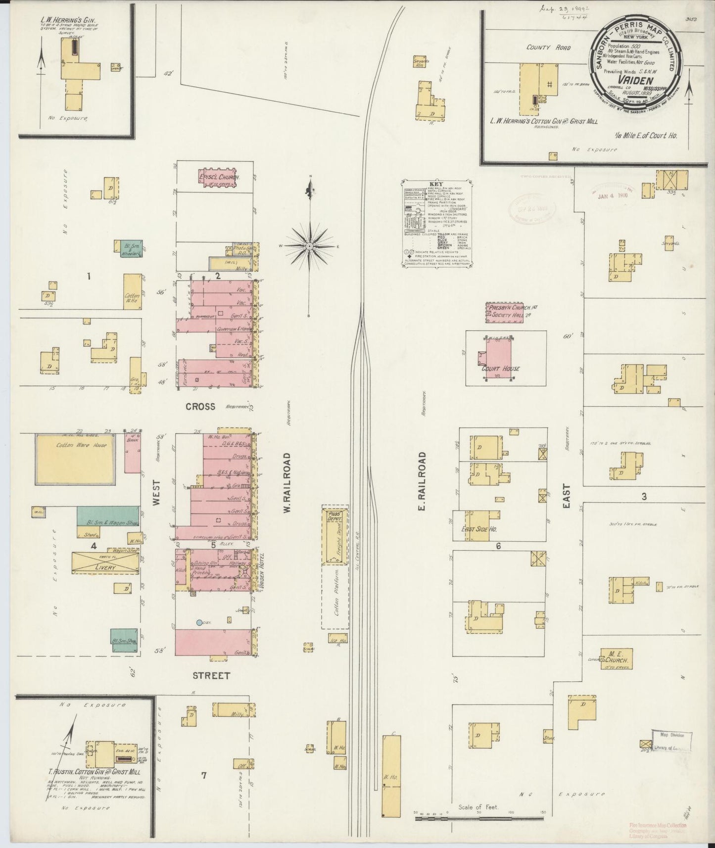 Sanborn Fire Insurance Map from Vaiden, Carroll County, Mississippi (1899), Sheet #0001 - Historic Sanborn Fire Insurance Map Print, vintage old map wall art, antique decor, genealogy gift, Mississippi Mississippi map